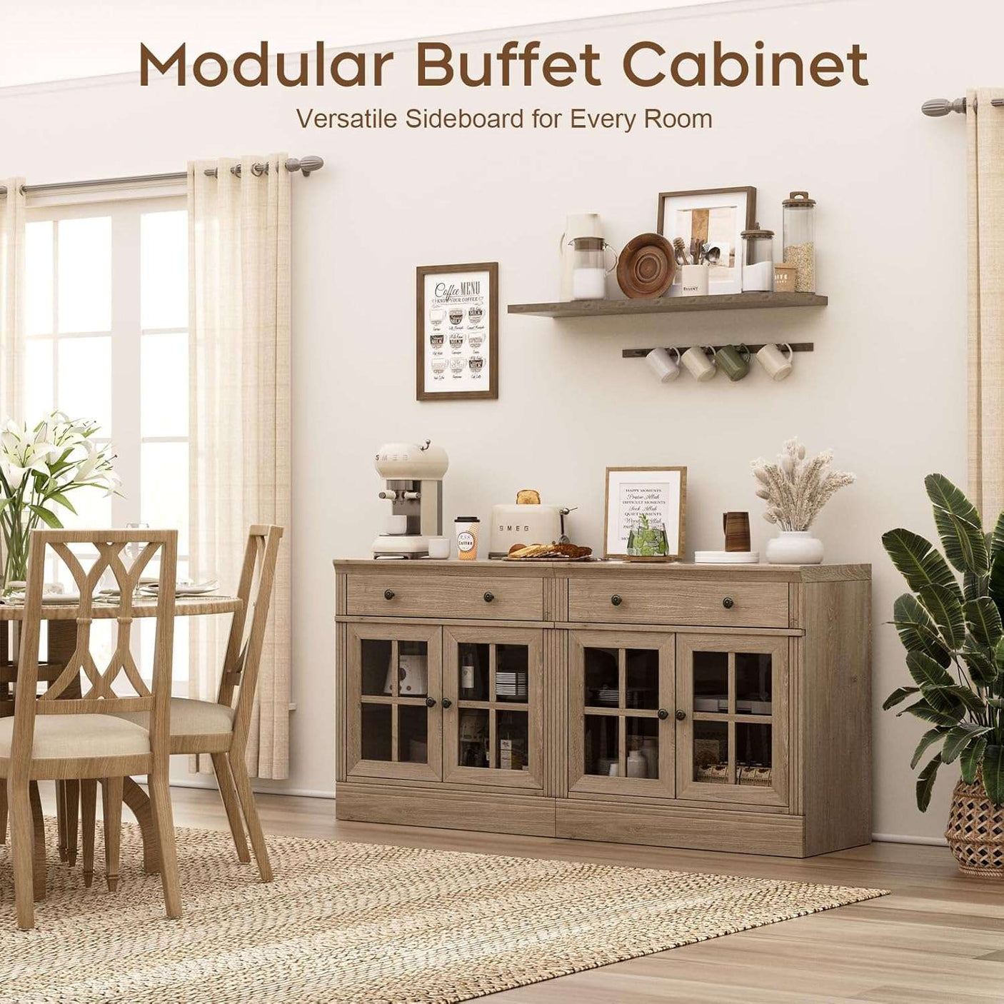 31.5” W Farmhouse Sideboard Cabinet with Drawer & Glass Doors