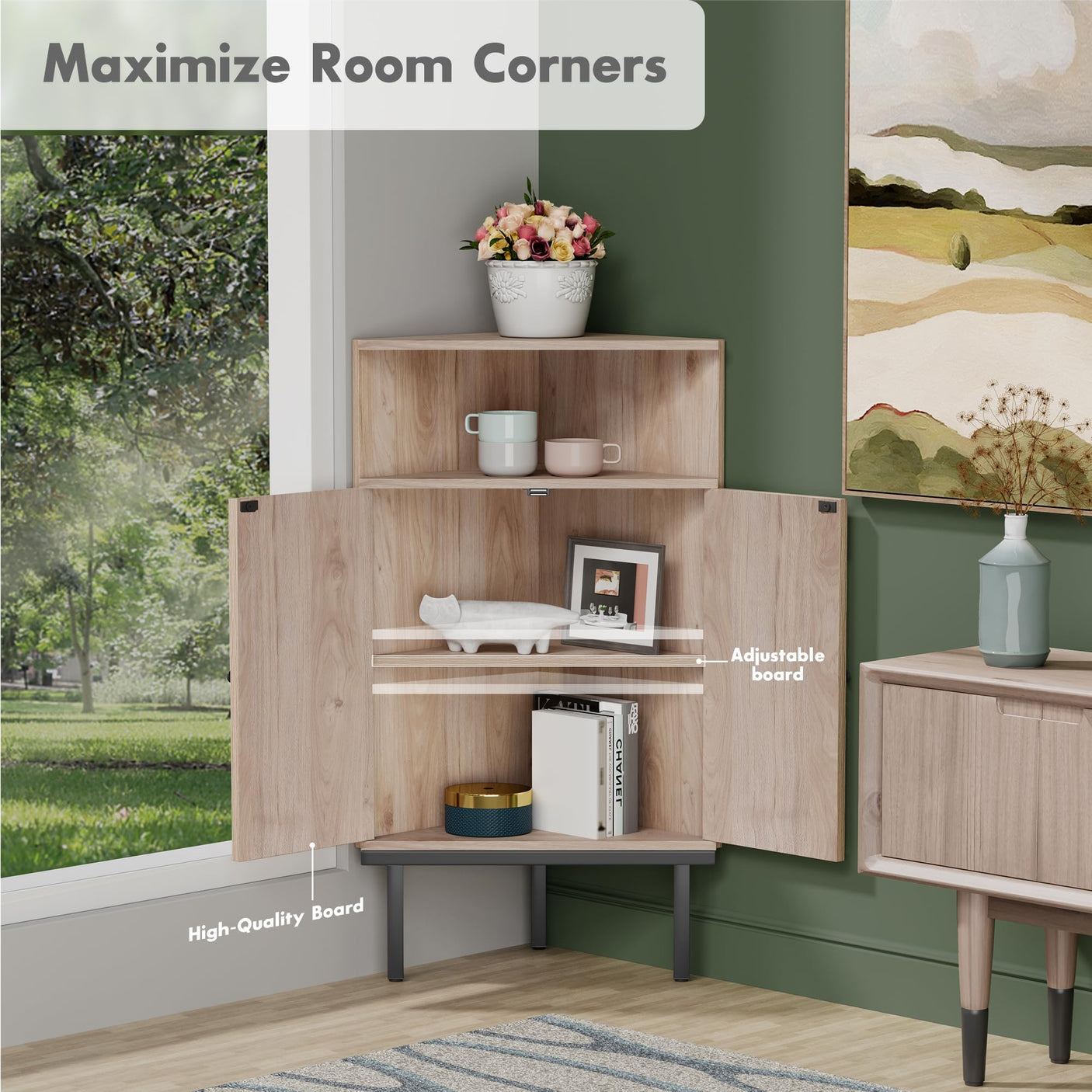 Corner Rattan Storage Cabinet with Adjustable Shelf - Boho Triangle Design