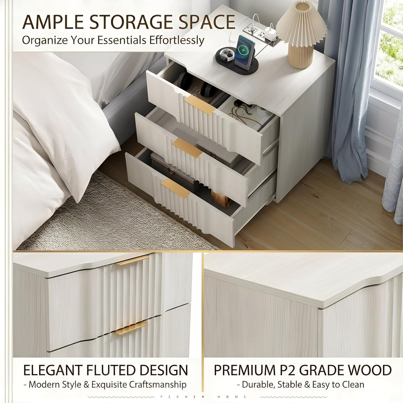 Fluted Nightstand with 20W Fast Charging, 3-Drawer Wood Bedside Table, Curved Profile Base, White Oak