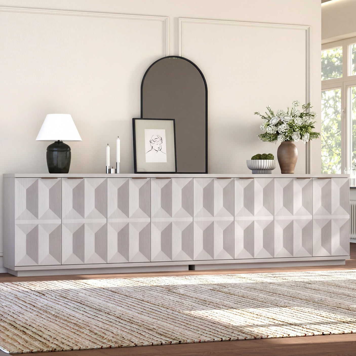Yechen 59" Walnut Sideboard – Modern 3D Geometric Buffet Cabinet