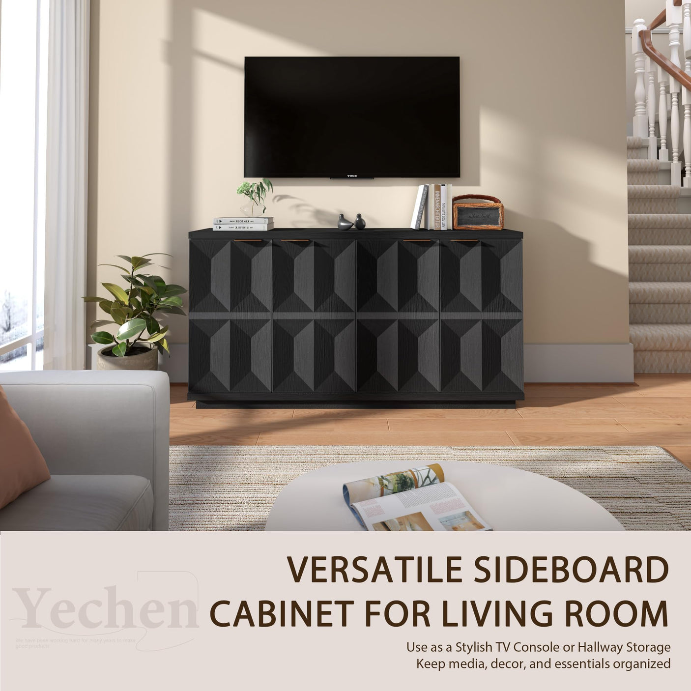 Yechen 59" Walnut Sideboard – Modern 3D Geometric Buffet Cabinet