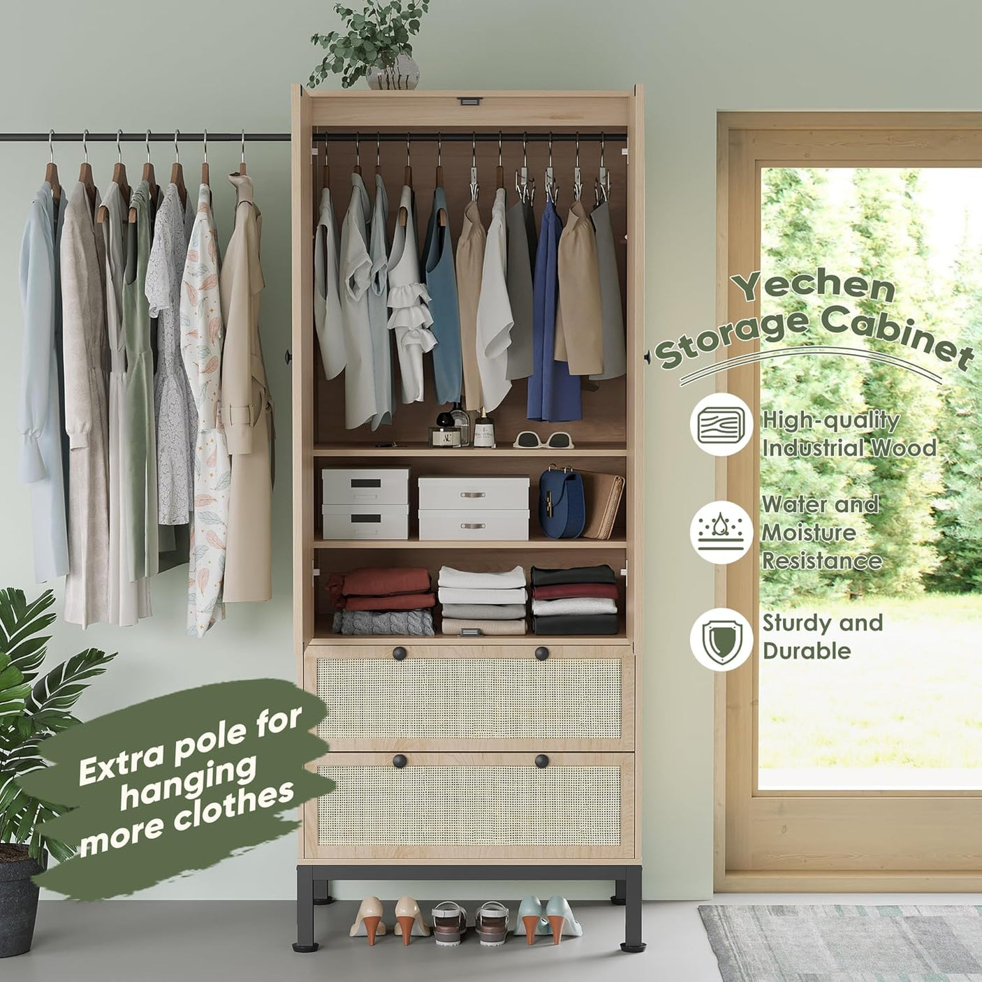 74" Natural Rattan Woven Wardrobe Armoire Closet