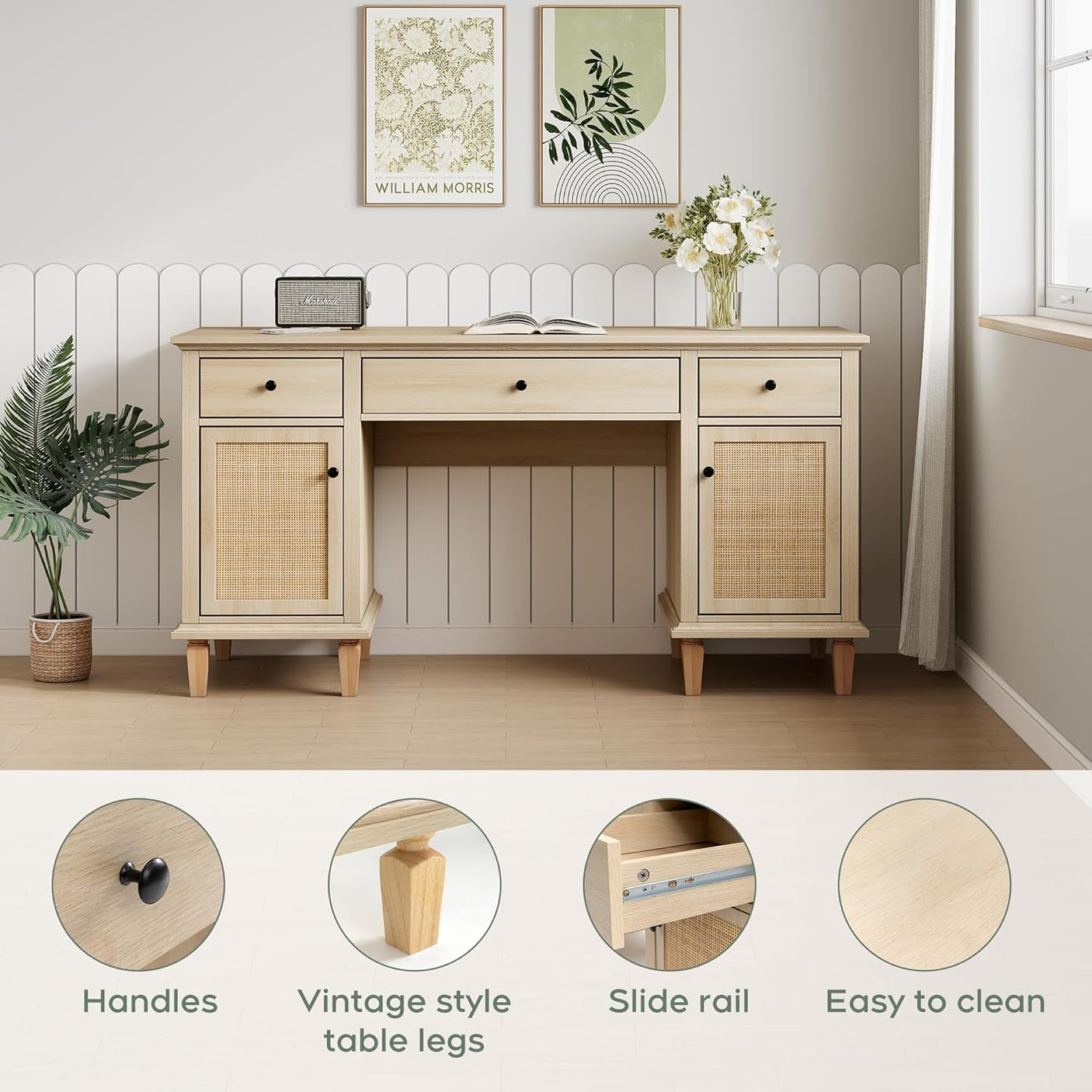 58" Modern Boho Rattan Door Executive Desk