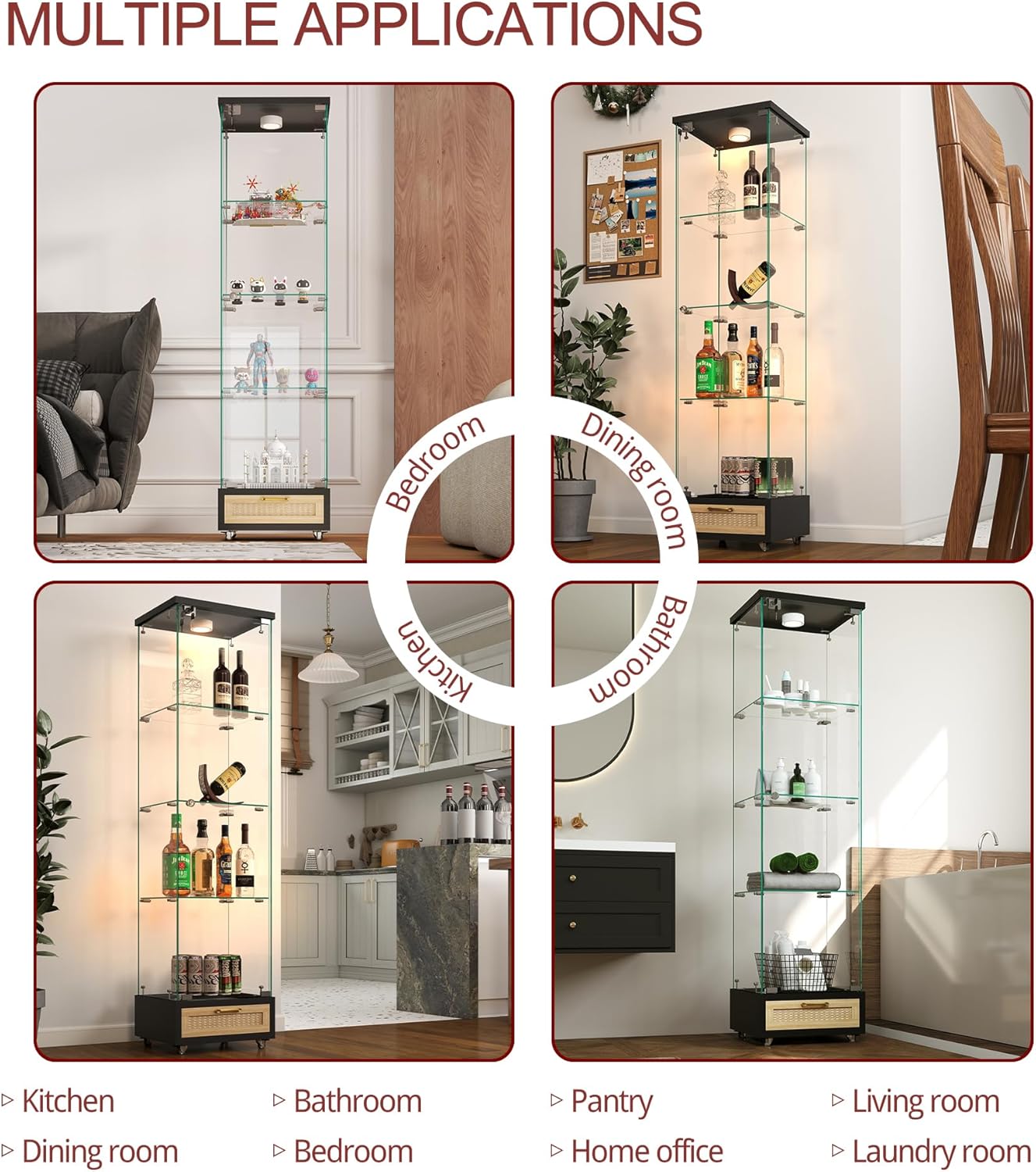 YECHEN Glass Display Cabinet with LED Lights | 4-Shelf Curio Cabinet with Drawer & Locking Door