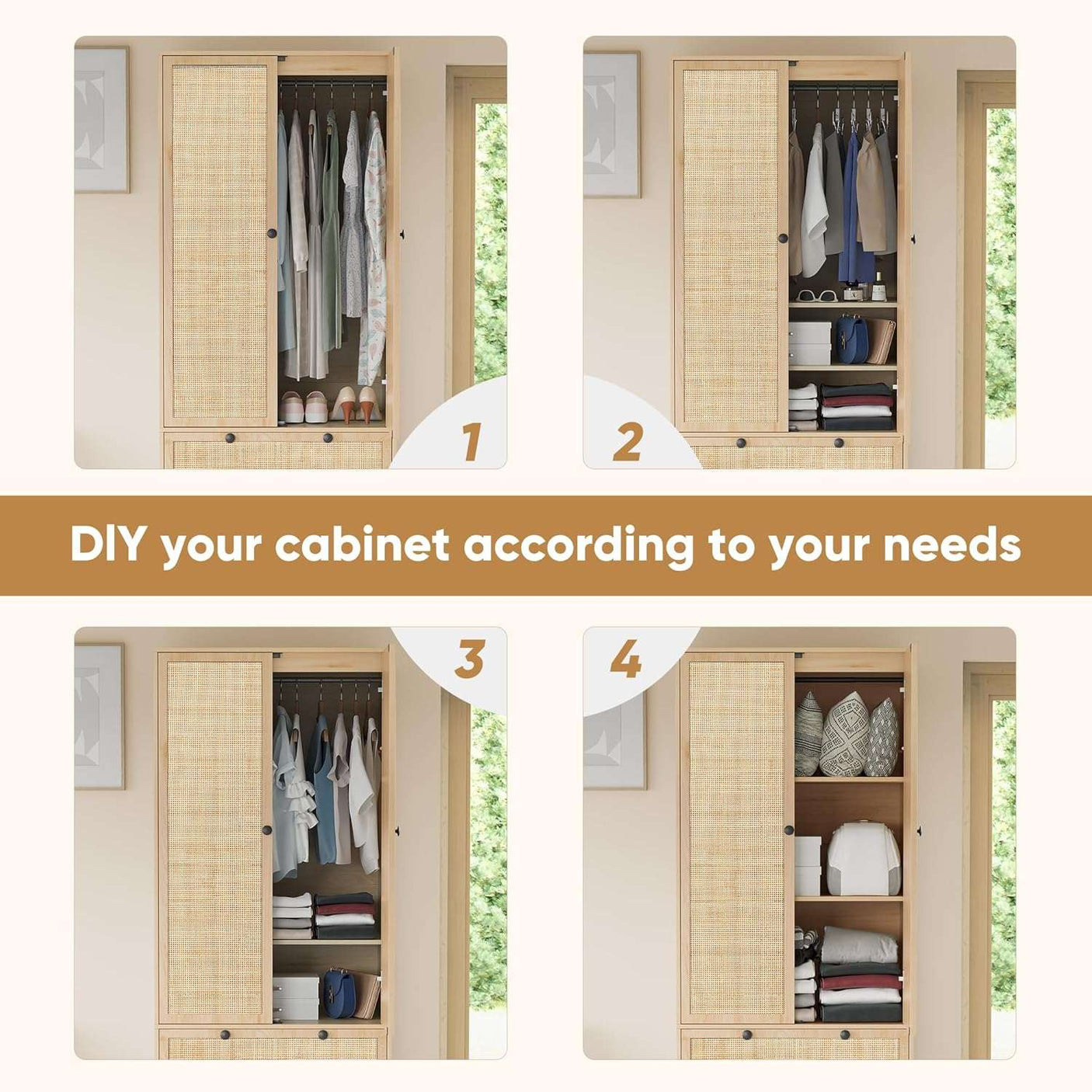 74" Natural Rattan Woven Wardrobe Armoire Closet