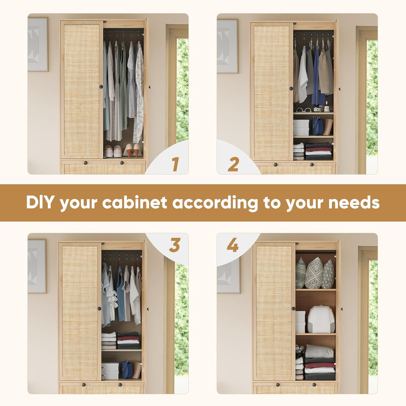 74" Natural Rattan Woven Wardrobe Armoire Closet