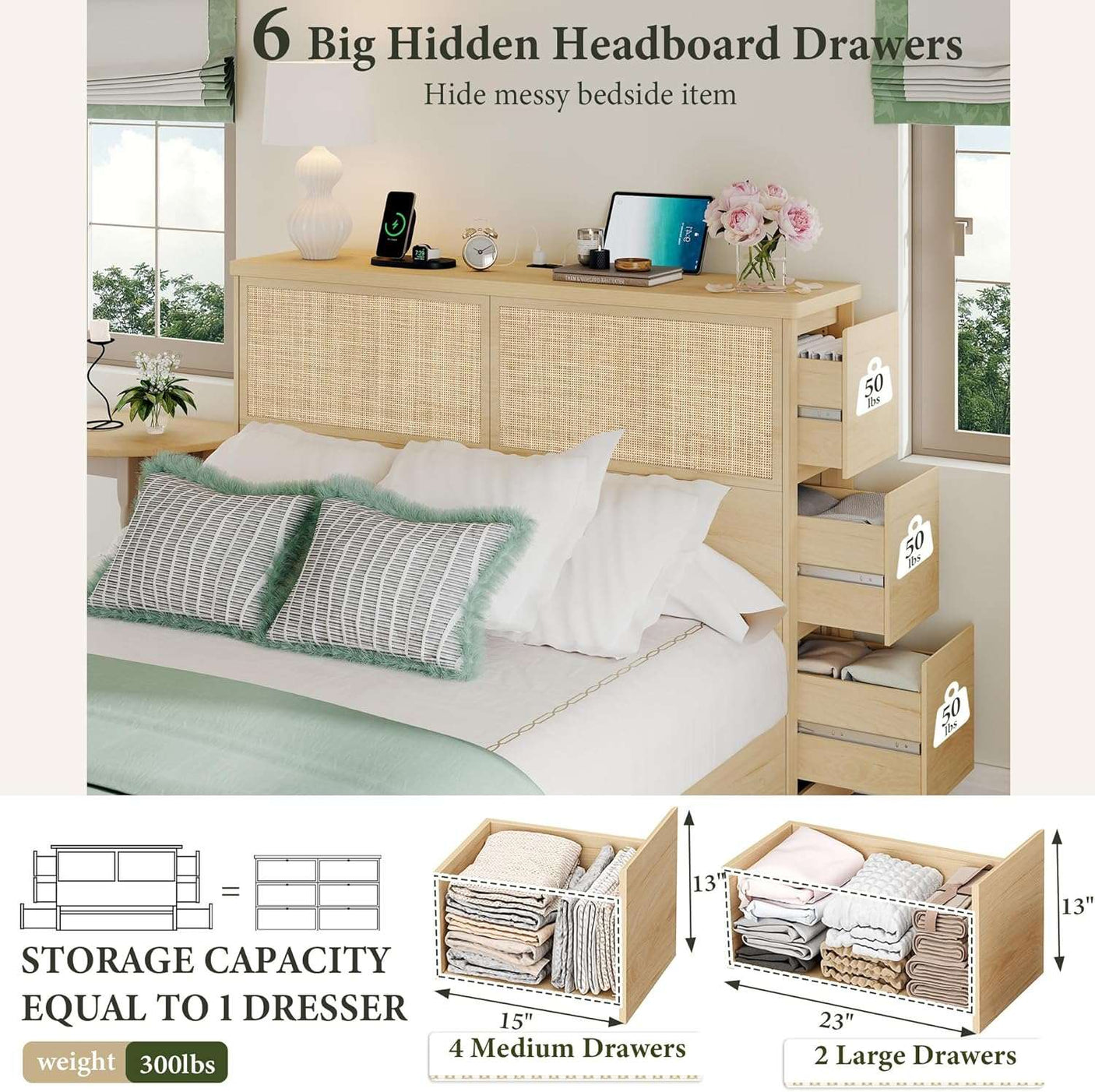 Boho Rattan Queen Beds Frame with Charging Station Headboard