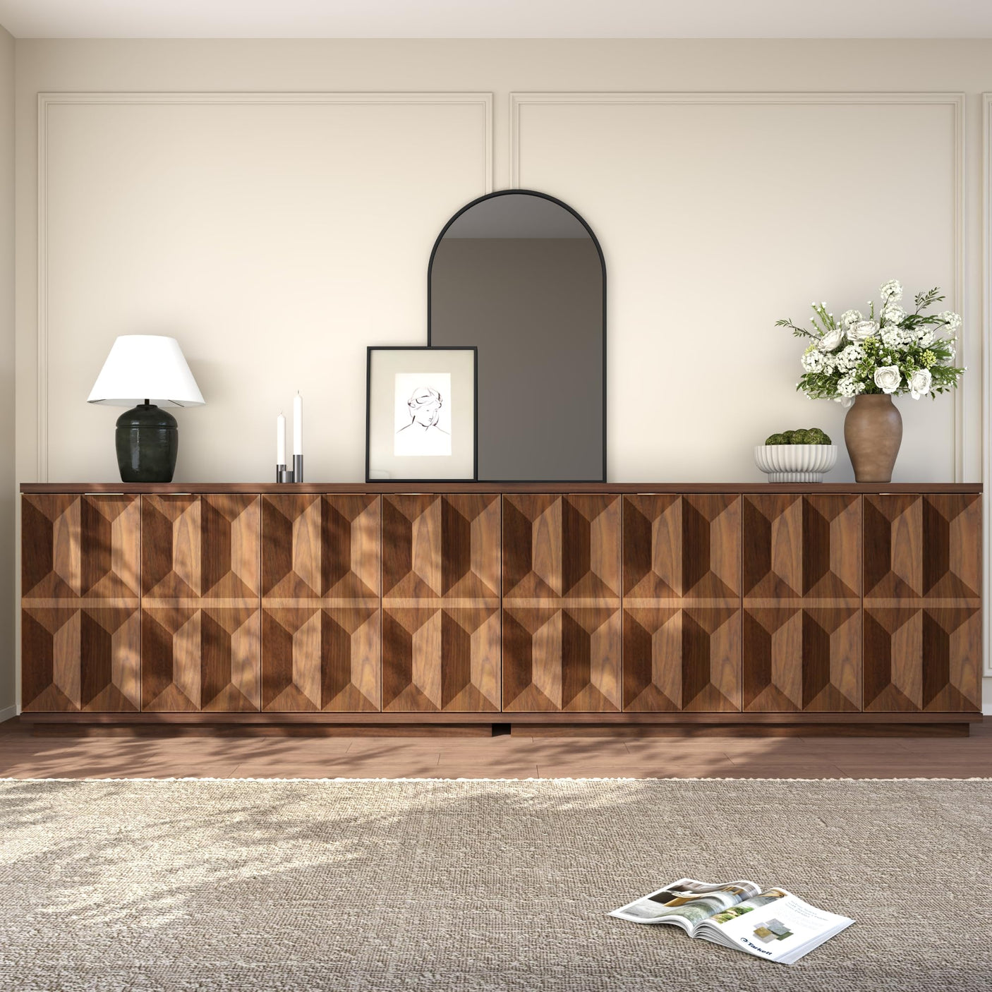 Yechen 59" Walnut Sideboard – Modern 3D Geometric Buffet Cabinet