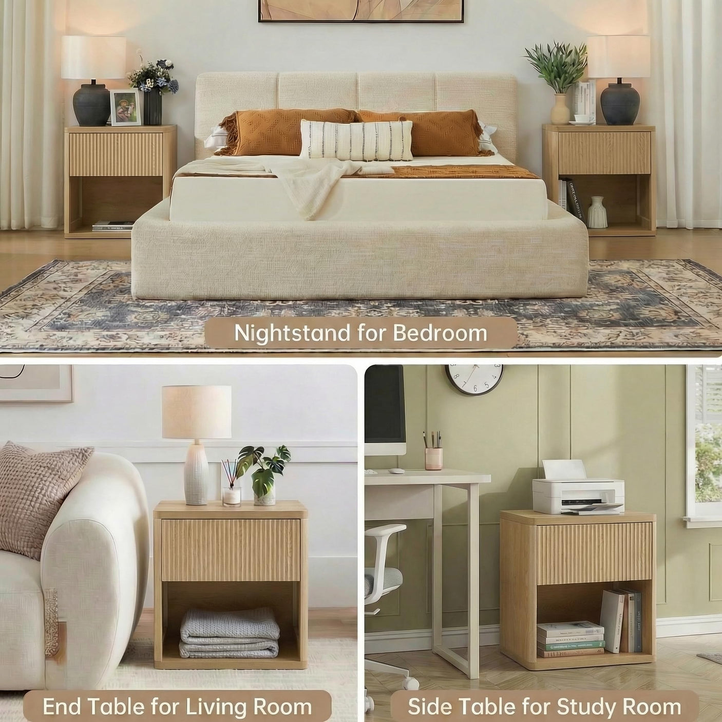 Yechen Fluted Nightstand | 22.8" Wide Mid-Century Bedside Table with Hidden Drawer & Open Shelf