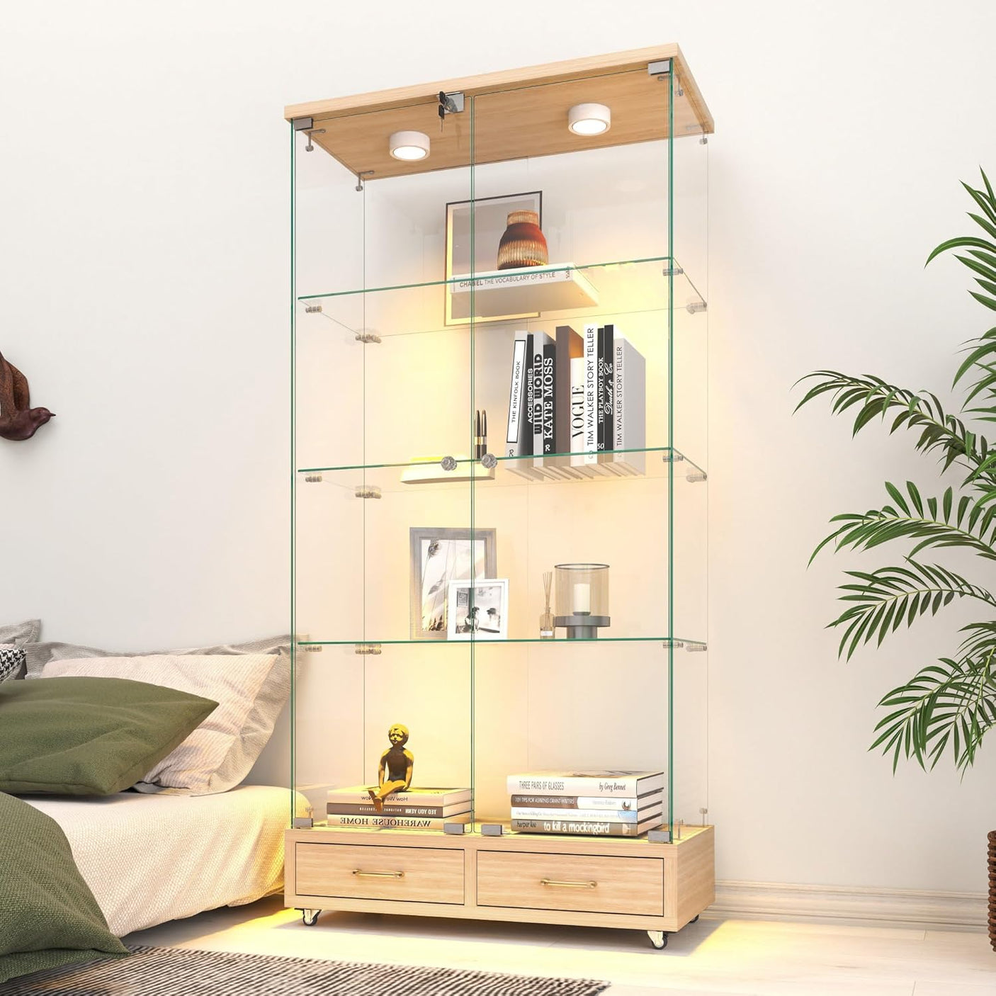 YECHEN Glass Display Cabinet with LED Lights | Double-Door Curio Cabinet with 2 Drawers