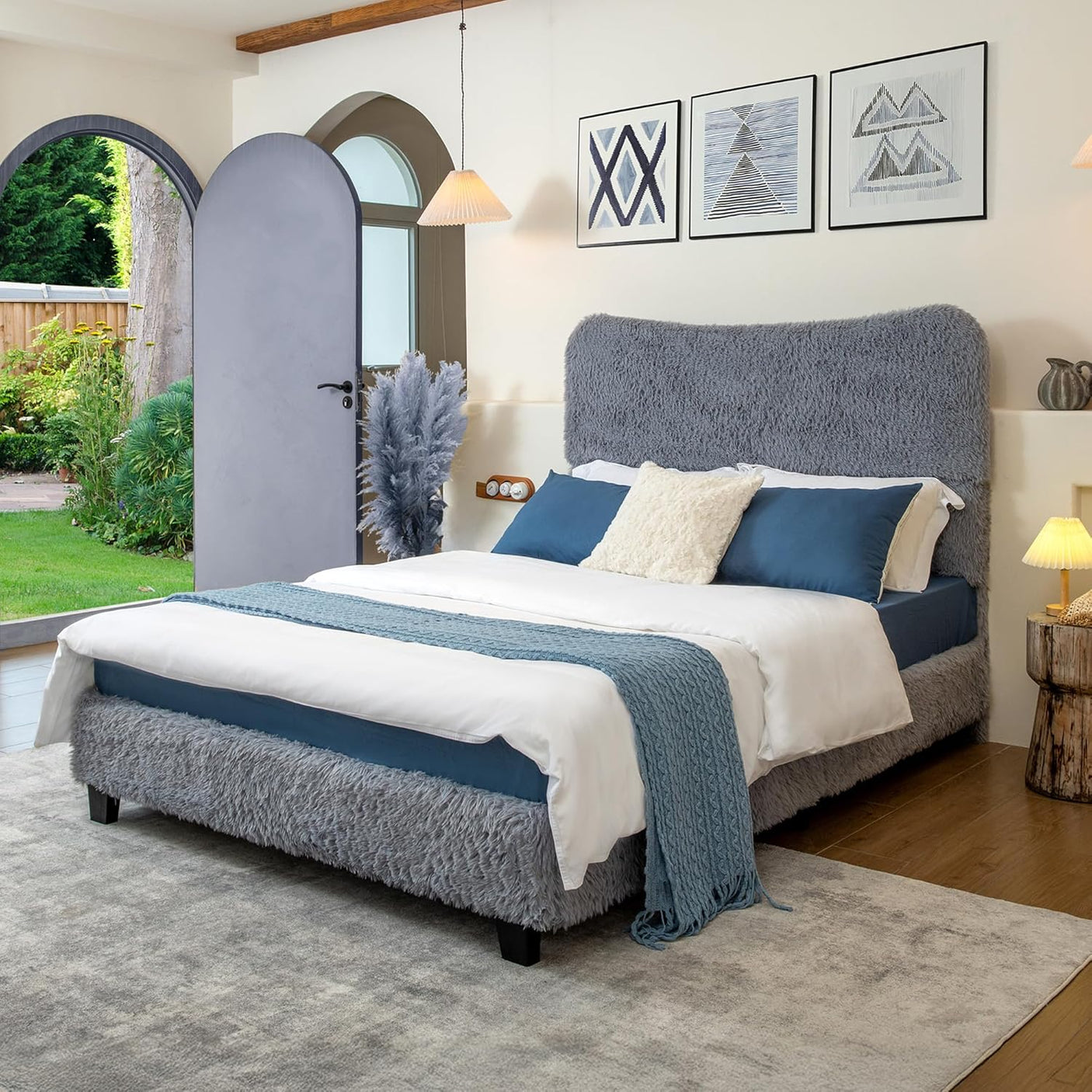 Boho Boucle Cloud Upholstered Platform Bed - Fluffy Soft Bed Frame with Rounded Corners