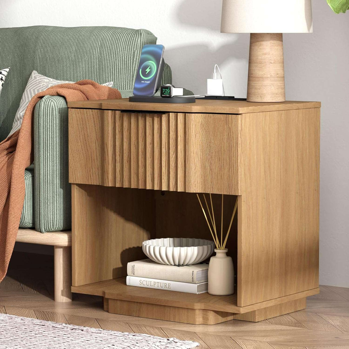 Fluted Night Stand with 20W Fast Charging Station