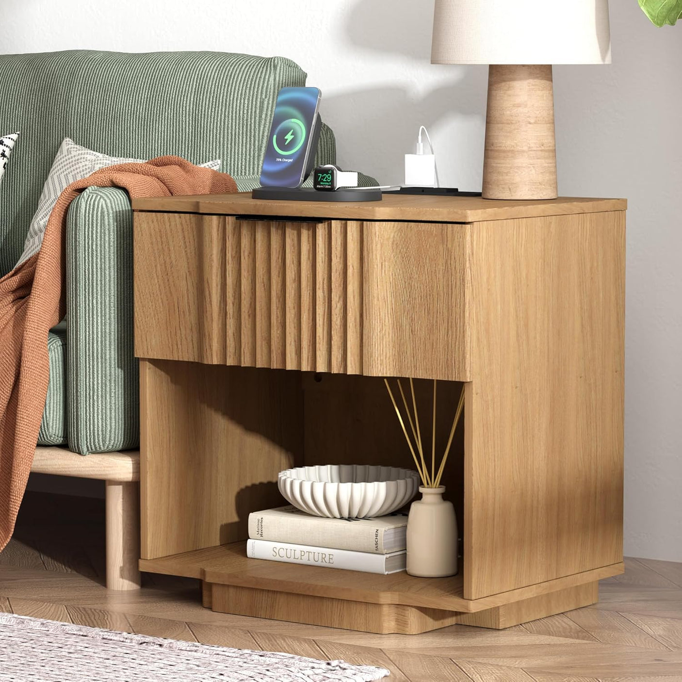 Fluted Night Stand with 20W Fast Charging Station