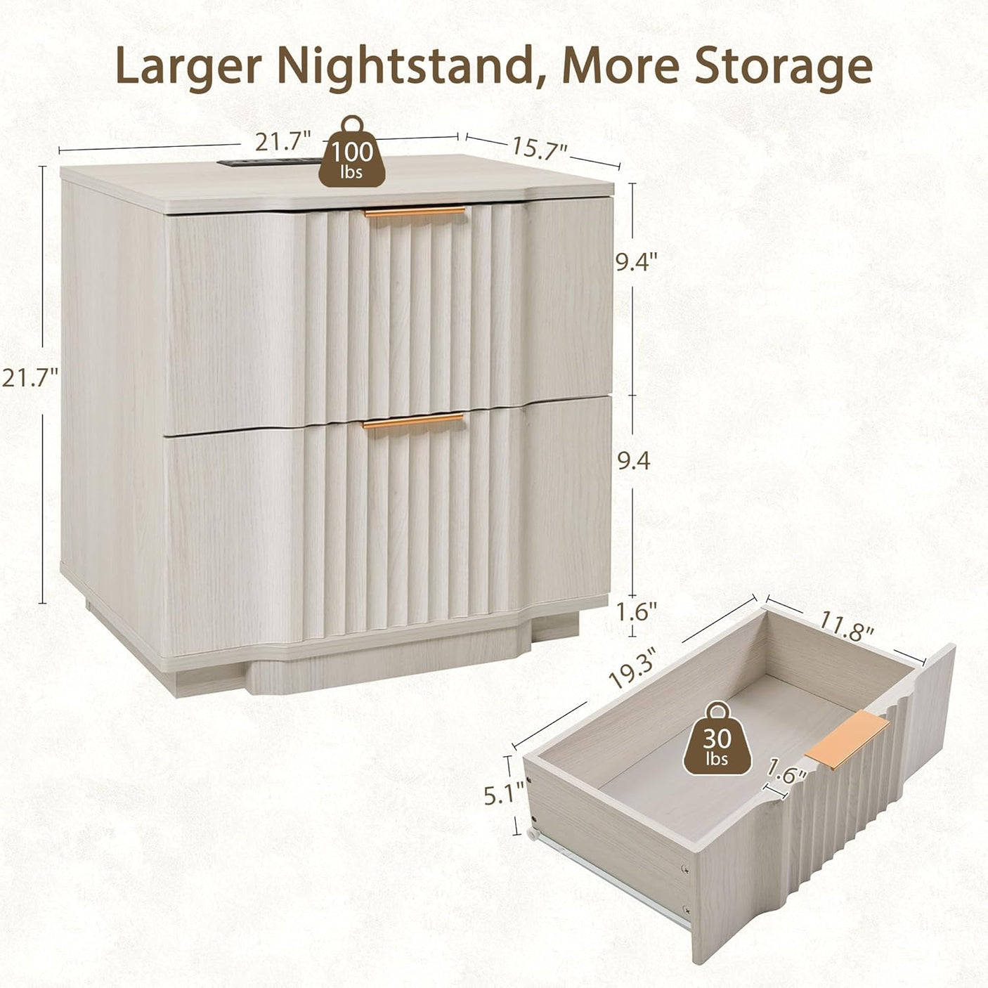 Fluted Nightstand with Charging Station