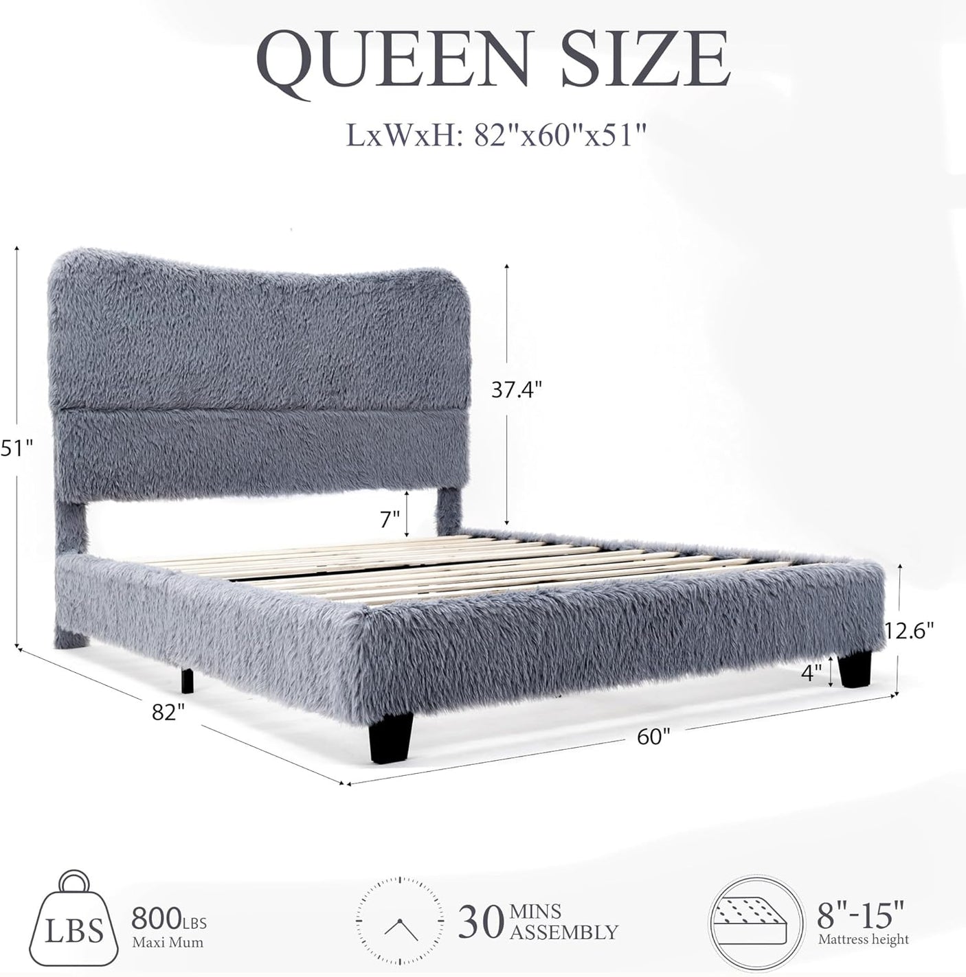 Boho Boucle Cloud Upholstered Platform Bed - Fluffy Soft Bed Frame with Rounded Corners