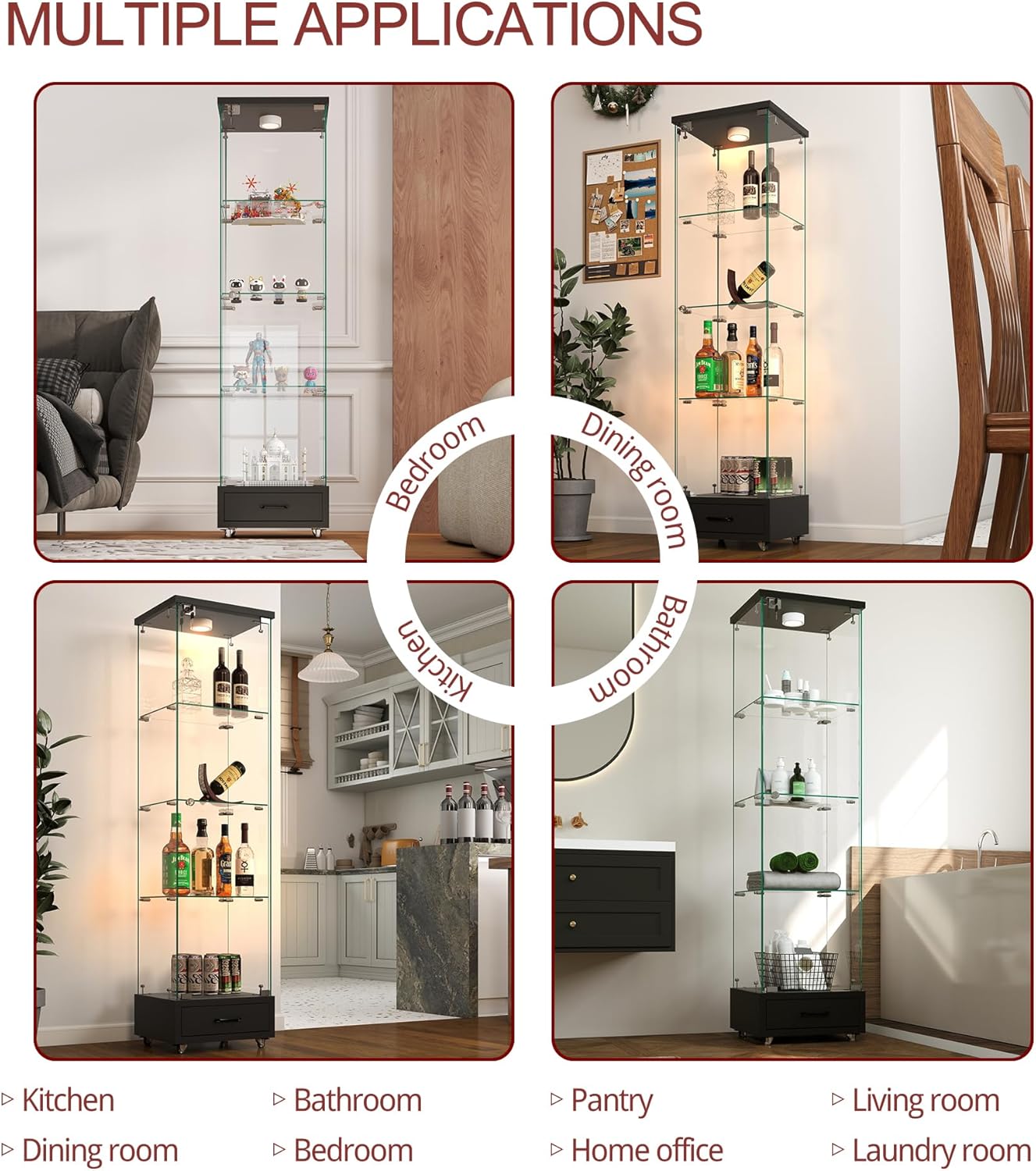 YECHEN Glass Display Cabinet with LED Lights | 4-Shelf Curio Cabinet with Drawer & Locking Door