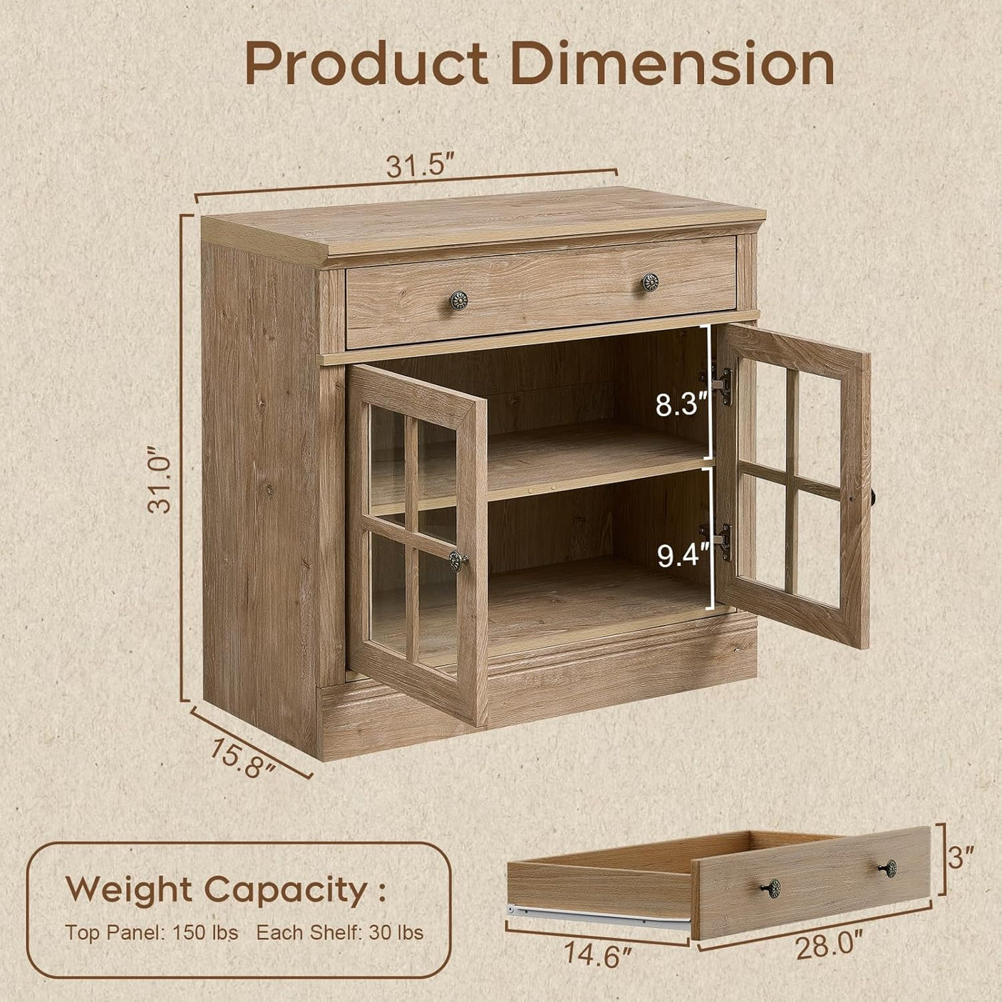 31.5” W Farmhouse Sideboard Cabinet with Drawer & Glass Doors