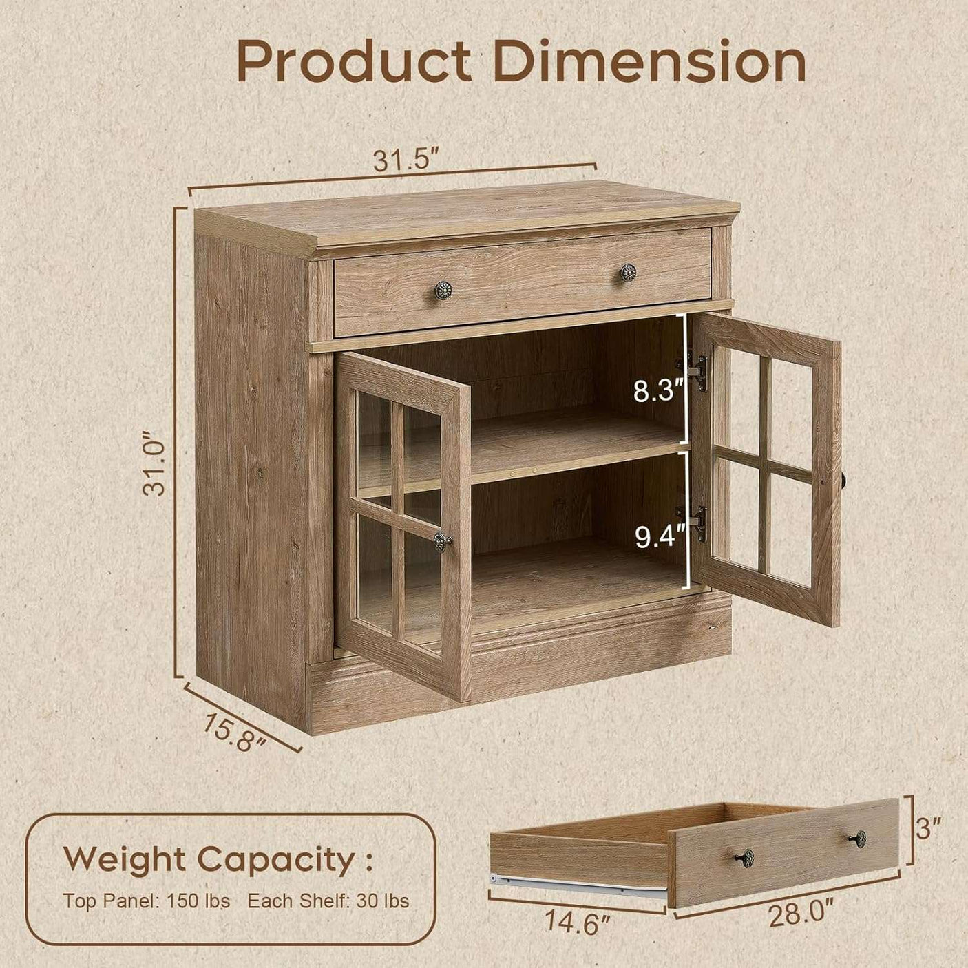 31.5” W Farmhouse Sideboard Cabinet with Drawer & Glass Doors