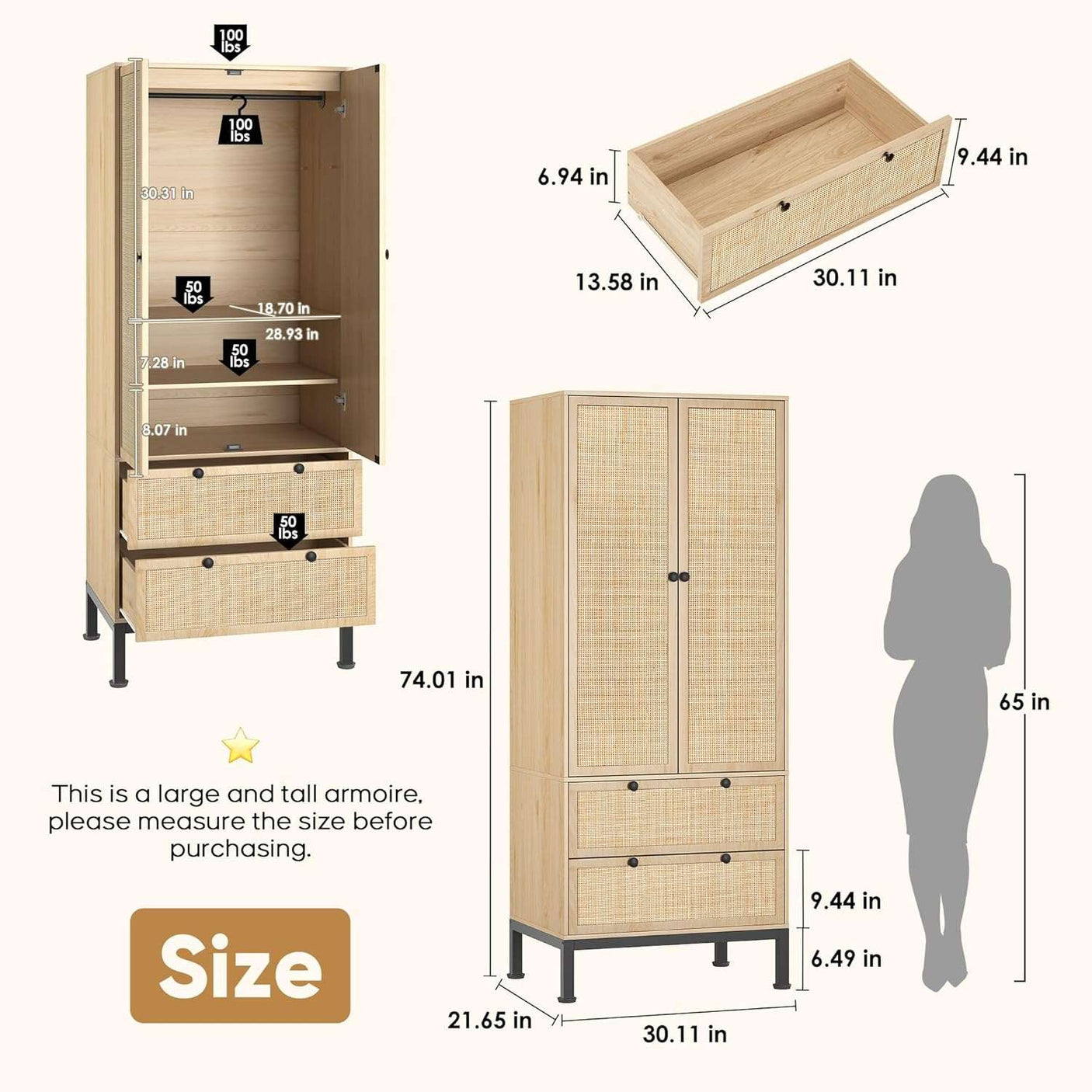 74" Natural Rattan Woven Wardrobe Armoire Closet