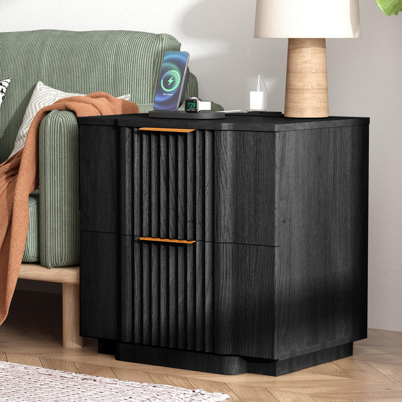 Yechen Fluted Wood Nightstand with 20W Fast Charging – 2-Drawer Bedside Table, Black