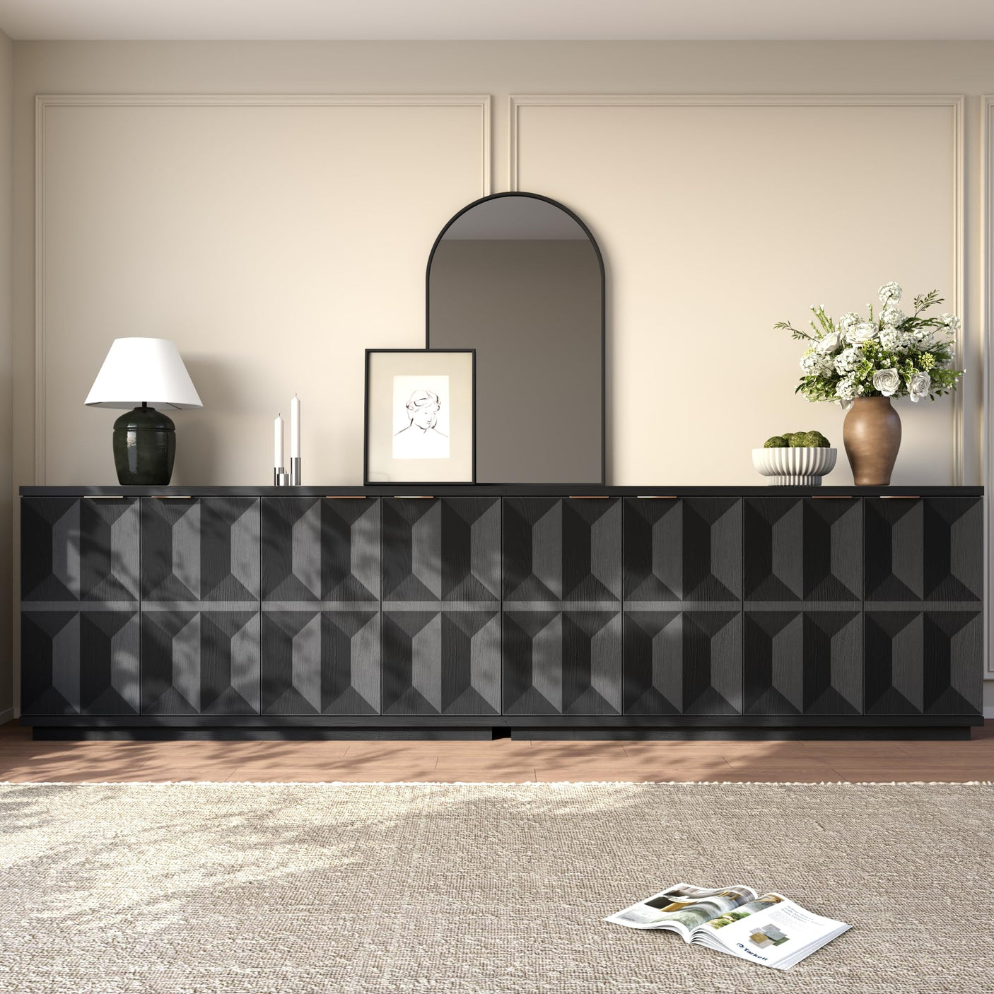 Yechen 59" Walnut Sideboard – Modern 3D Geometric Buffet Cabinet