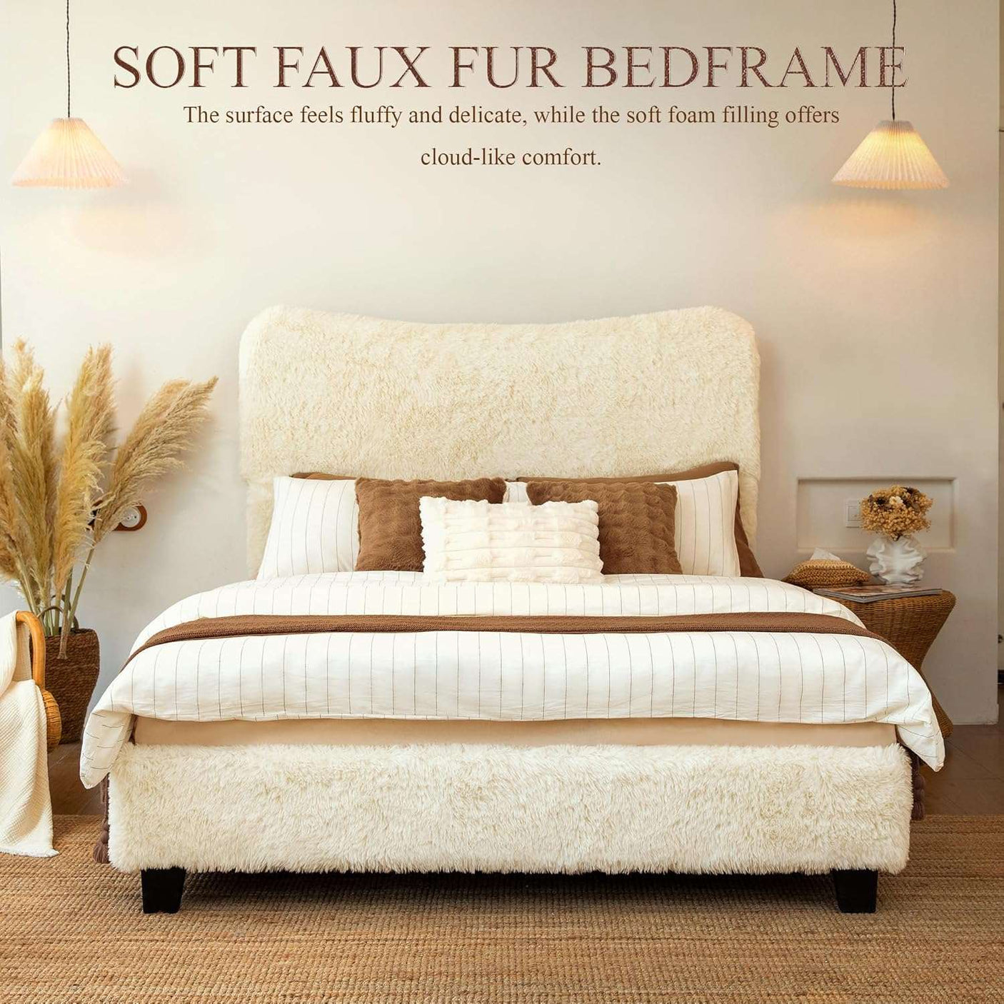Boho Boucle Cloud Upholstered Platform Bed - Fluffy Soft Bed Frame with Rounded Corners