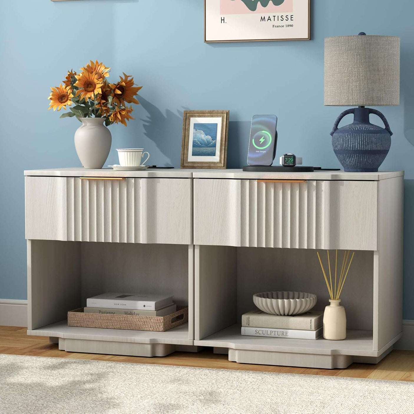 Fluted Night Stand with 20W Fast Charging Station