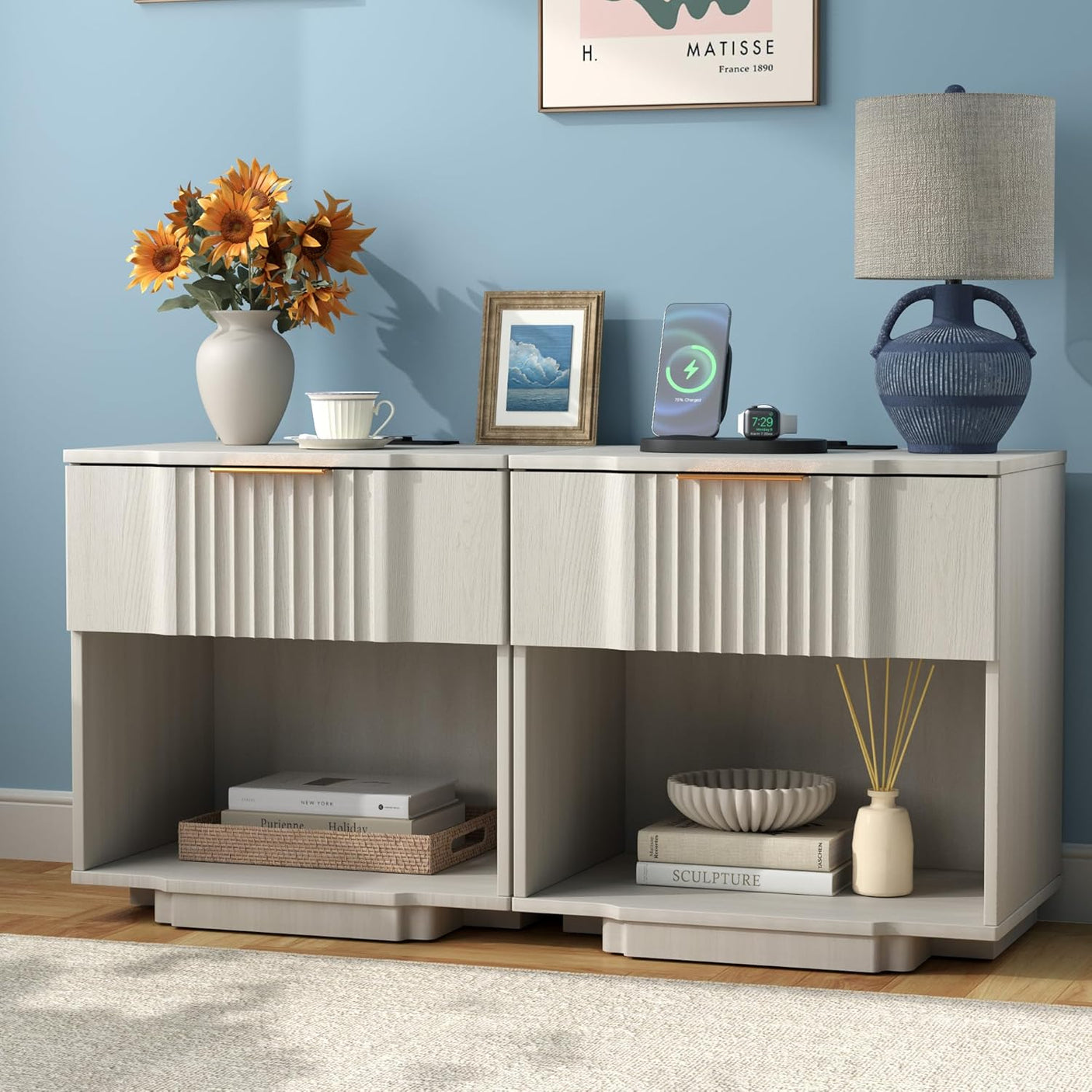 Fluted Night Stand with 20W Fast Charging Station