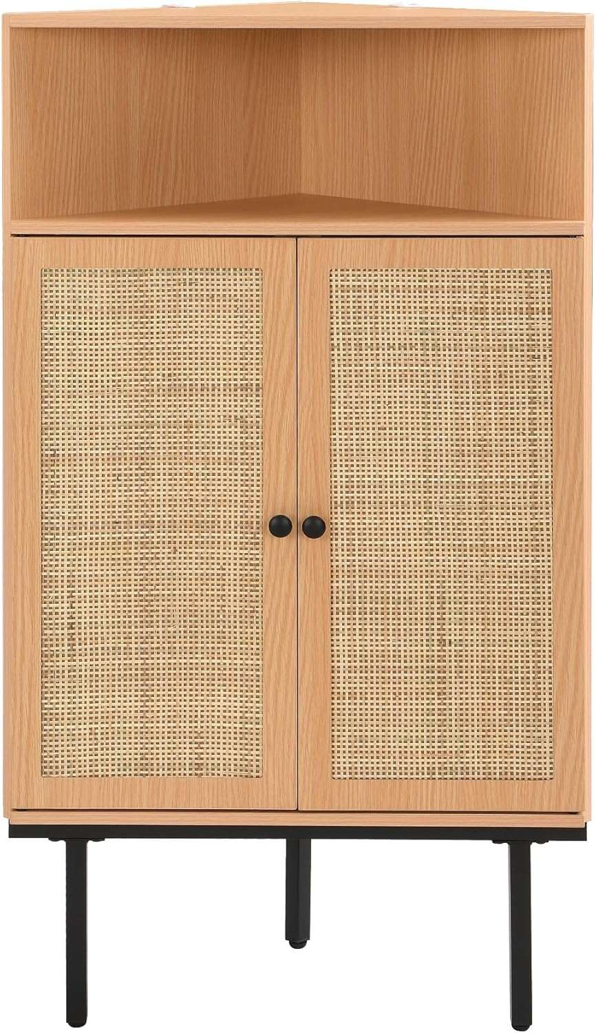 4-Tier Rattan Doors Corner Storage Cabinet