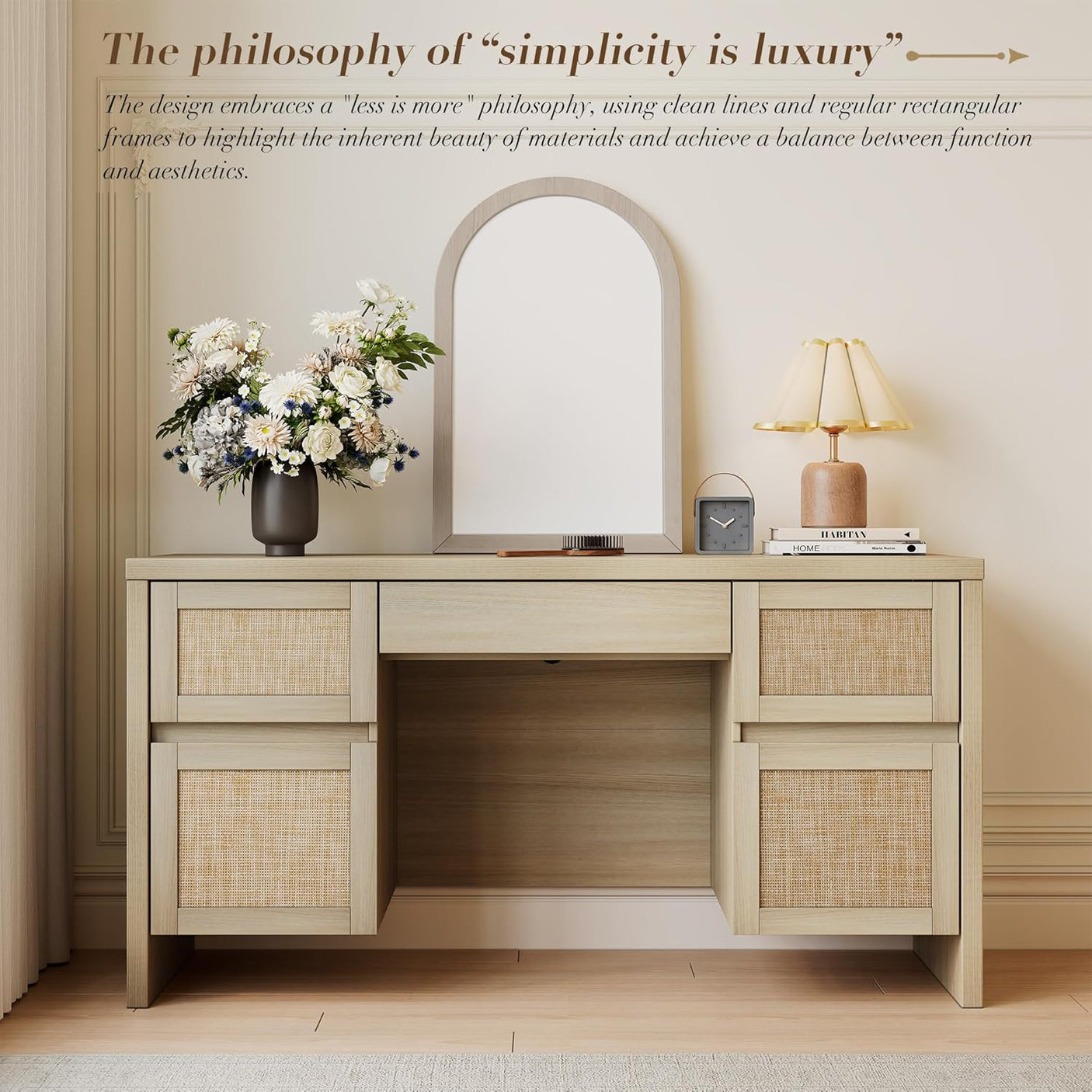 Yechen 57" Modern Rattan Executive Desk with 5 Drawers