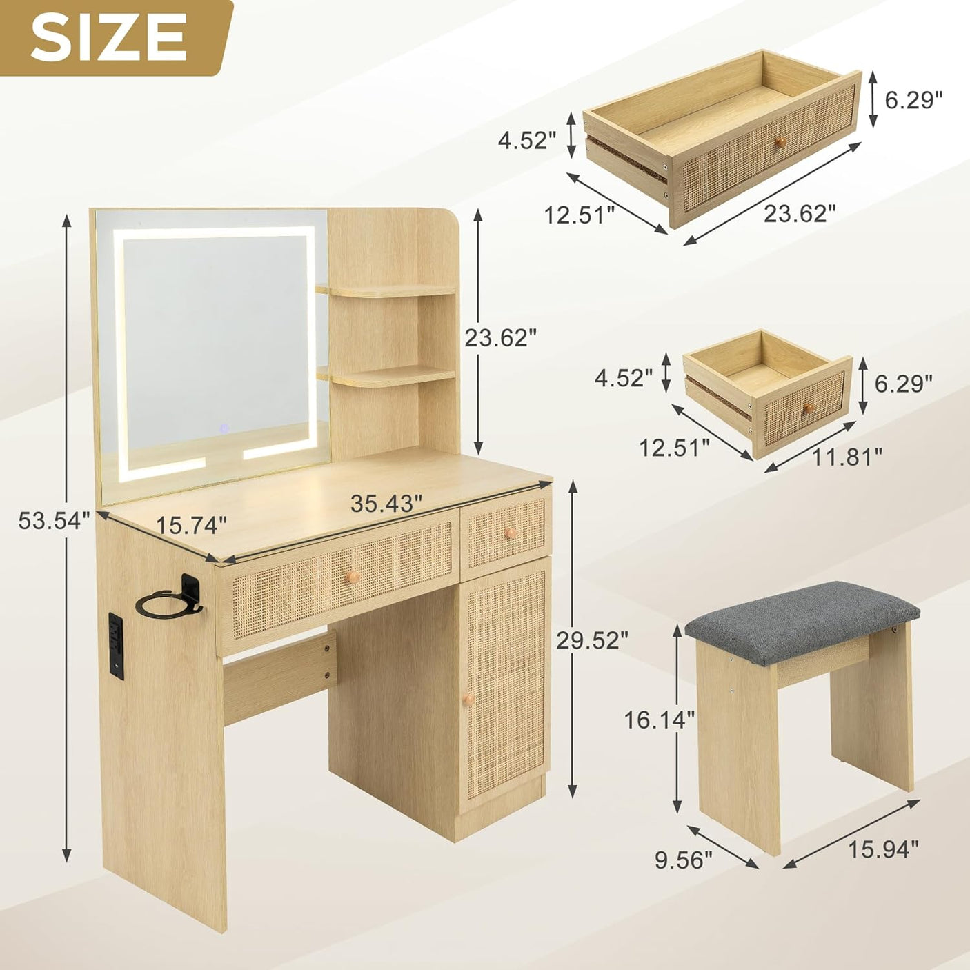 Rattan Vanity Desk with LED Lights Mirror and Chair