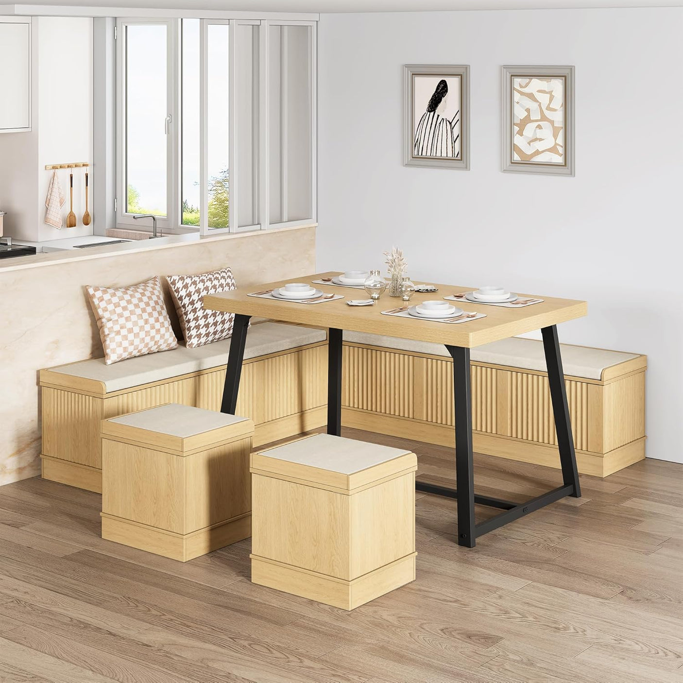47 Inch Corner Dining Table Set with Storage Stool and Storage Bench