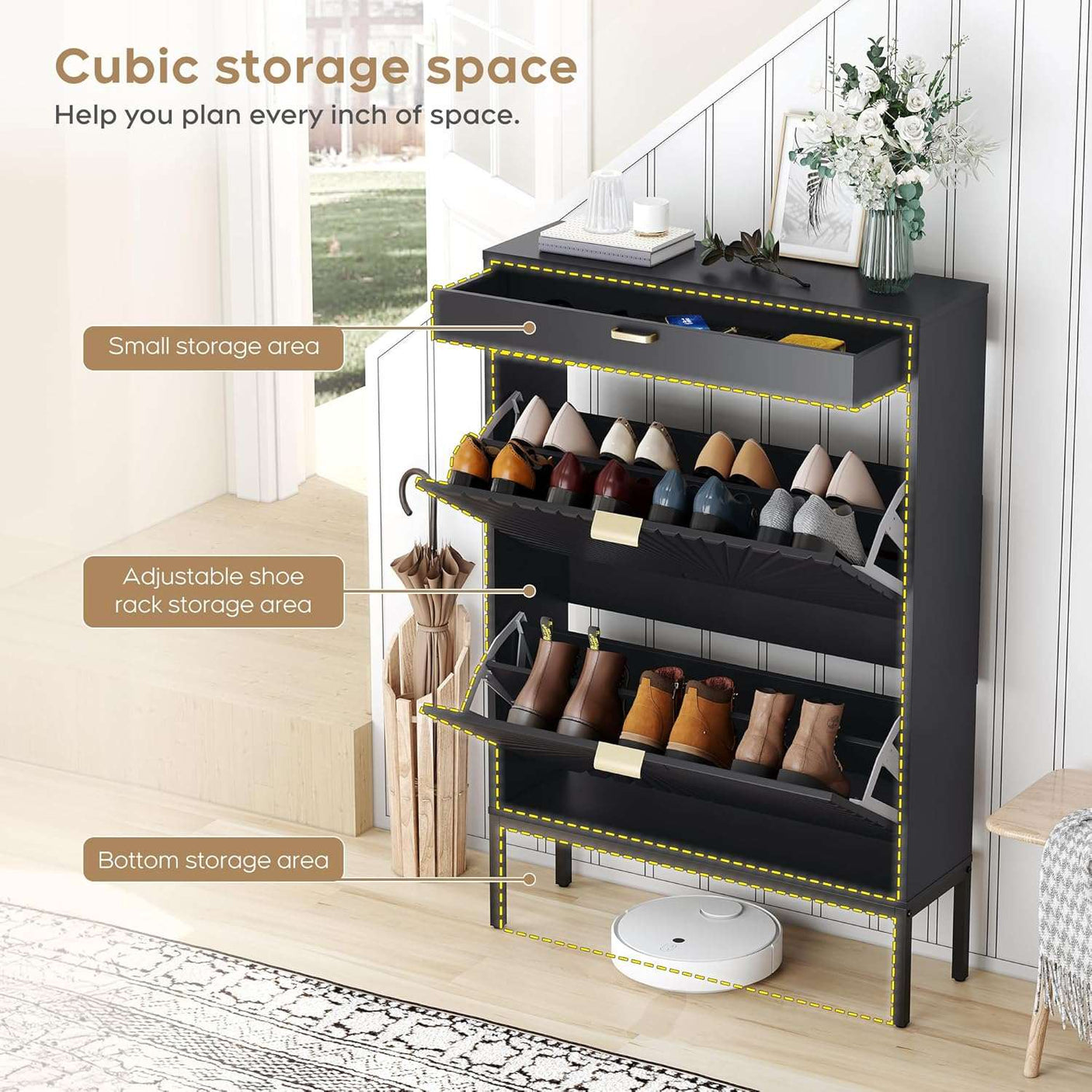 Slim Entryway Shoe Organizer with Half-Circle Doors