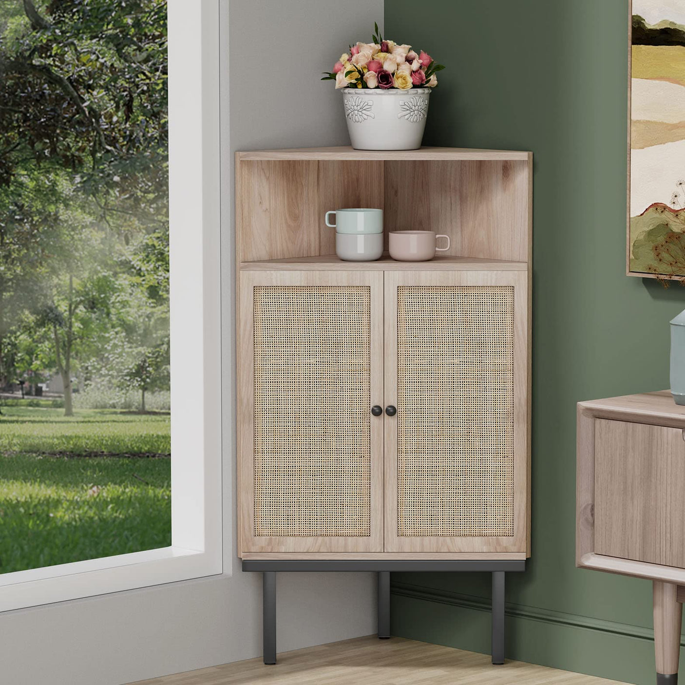 Corner Rattan Storage Cabinet with Adjustable Shelf - Boho Triangle Design