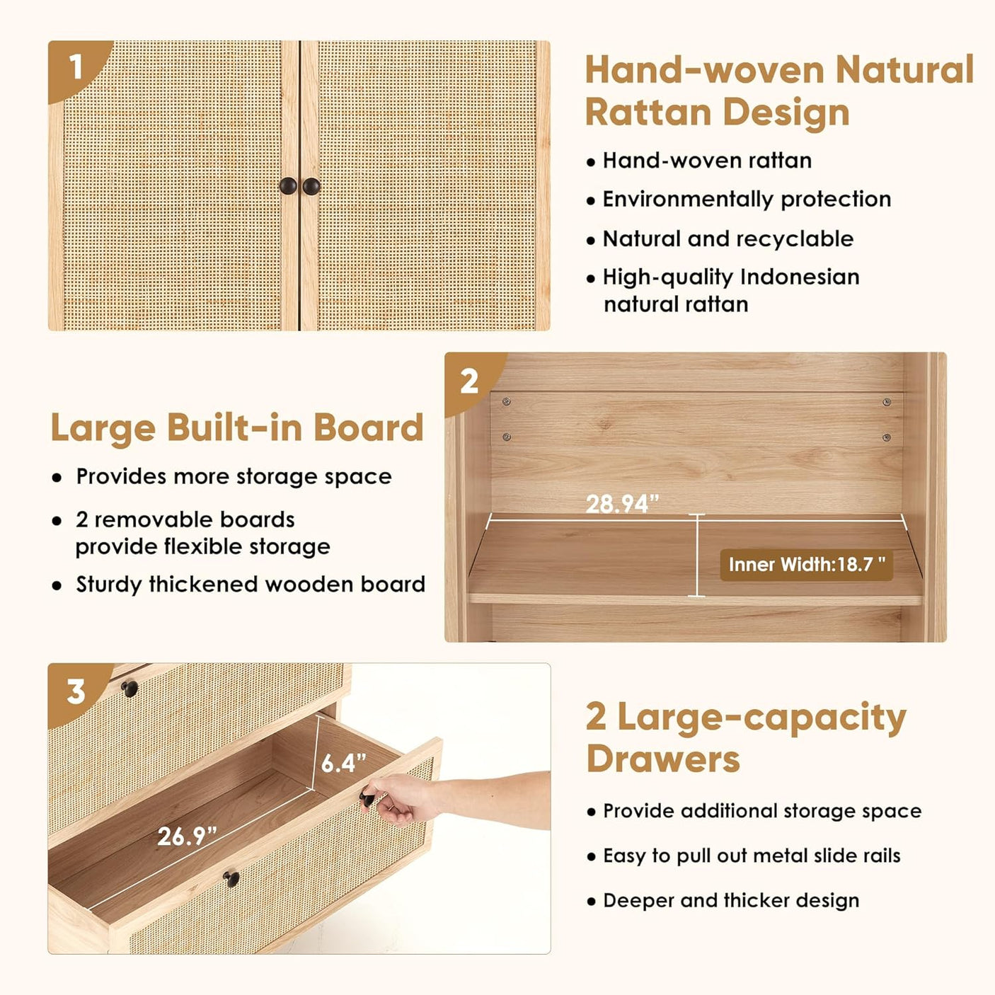 74" Natural Rattan Woven Wardrobe Armoire Closet