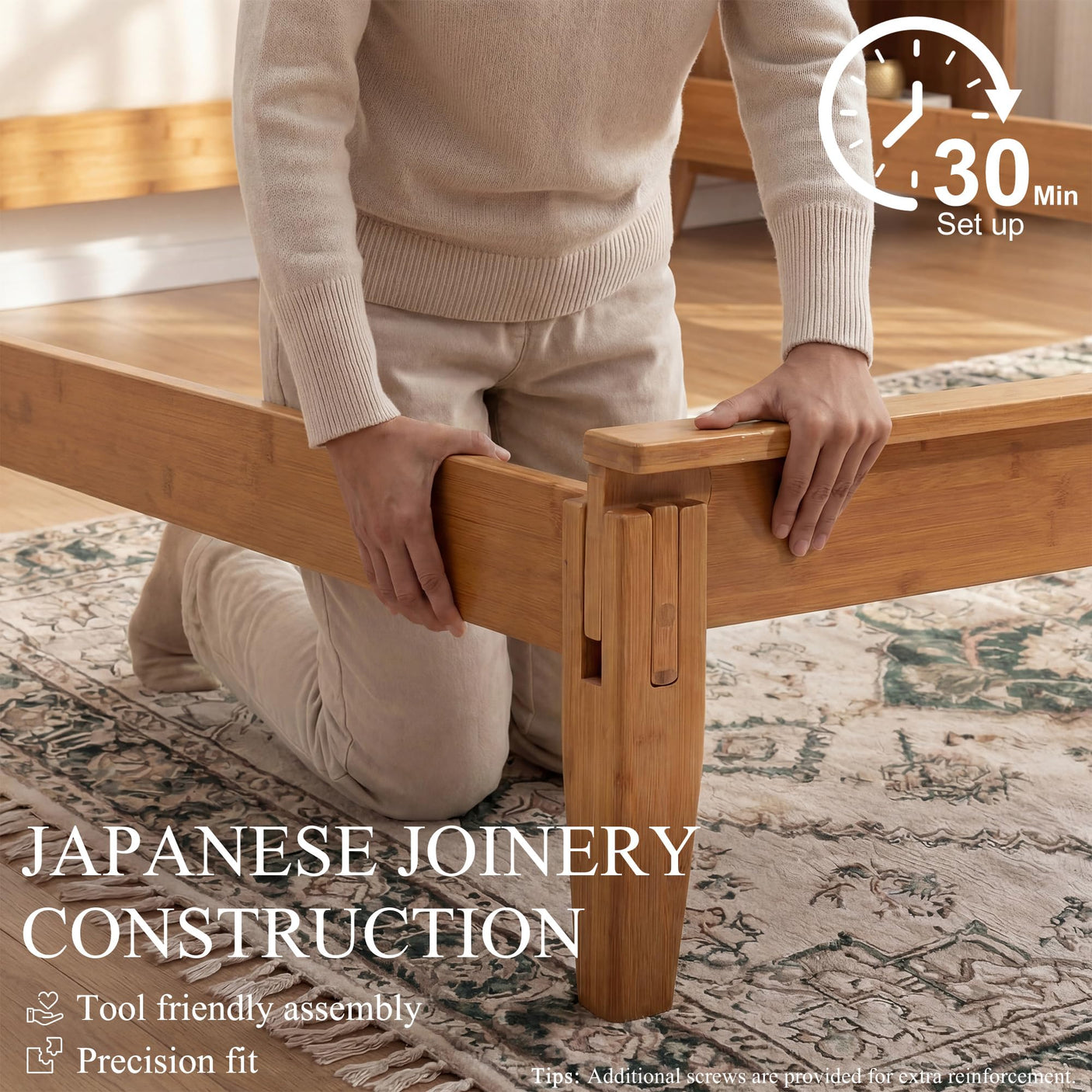 Yechen King Bed Frame – FSC Bamboo, Japanese Joinery & Upholstered Headboard