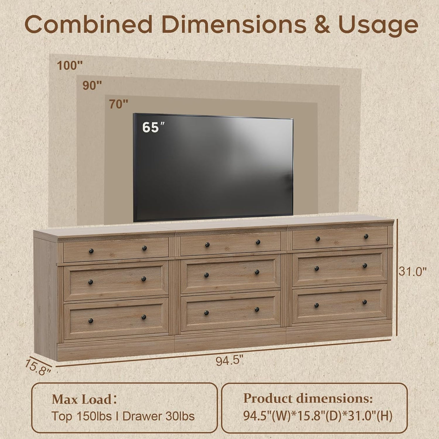 31.5" Oversized Extra Large Nightstand with 3 Drawers