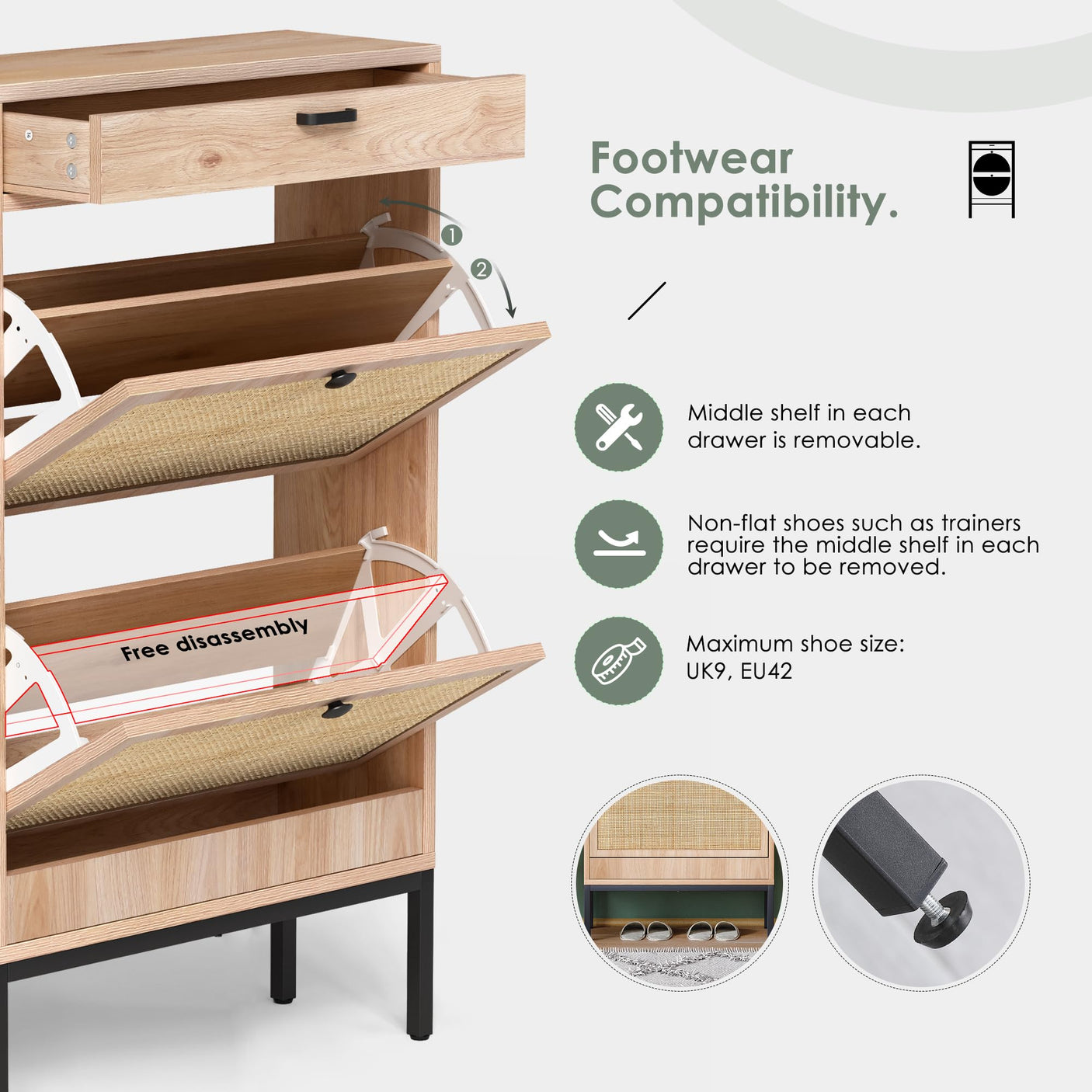 Yechen Rattan Shoe Cabinet with 2 Flip Doors & Storage Drawer, Entryway Wooden Shoe Rack Organizer, Oak