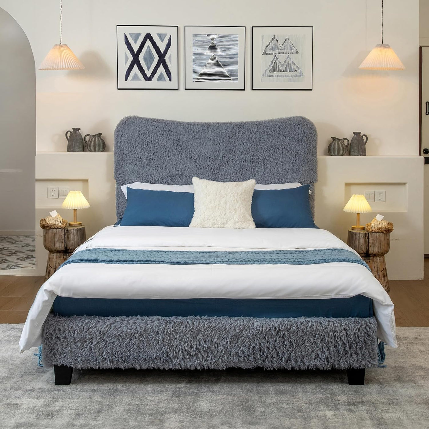 Boho Boucle Cloud Upholstered Platform Bed - Fluffy Soft Bed Frame with Rounded Corners