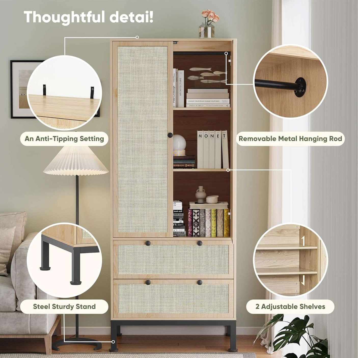 74" Natural Rattan Woven Wardrobe Armoire Closet