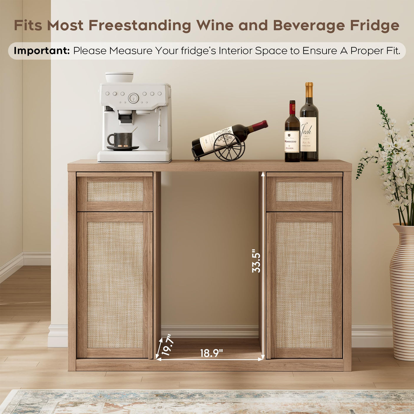 Rattan Coffee Bar Cabinet with Mini Fridge Space - Boho Sideboard with Wine Storage