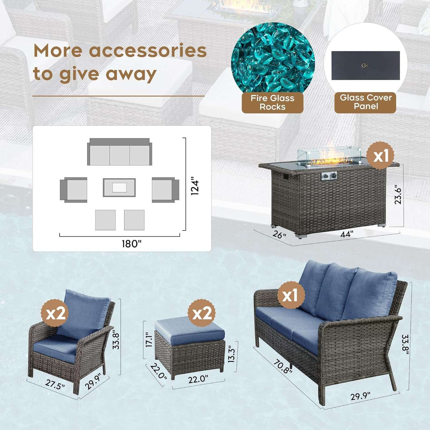 7 Seats Blue Patio Outdoor Conversation Sofa Set