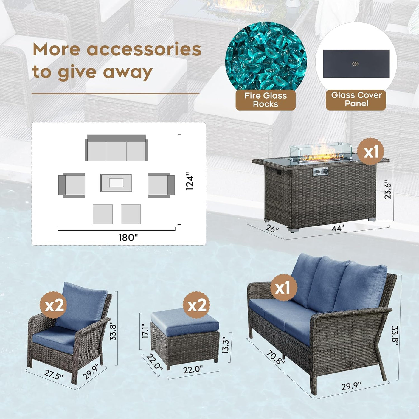 7 Seats Blue Patio Outdoor Conversation Sofa Set