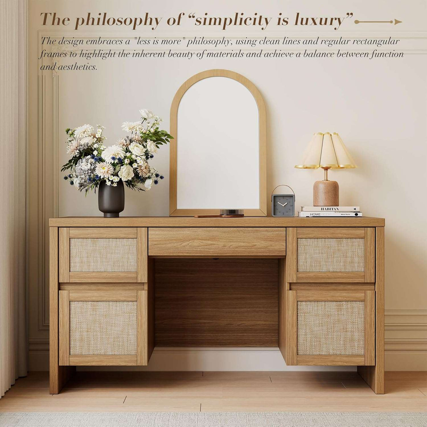 Yechen 57" Modern Rattan Executive Desk with 5 Drawers