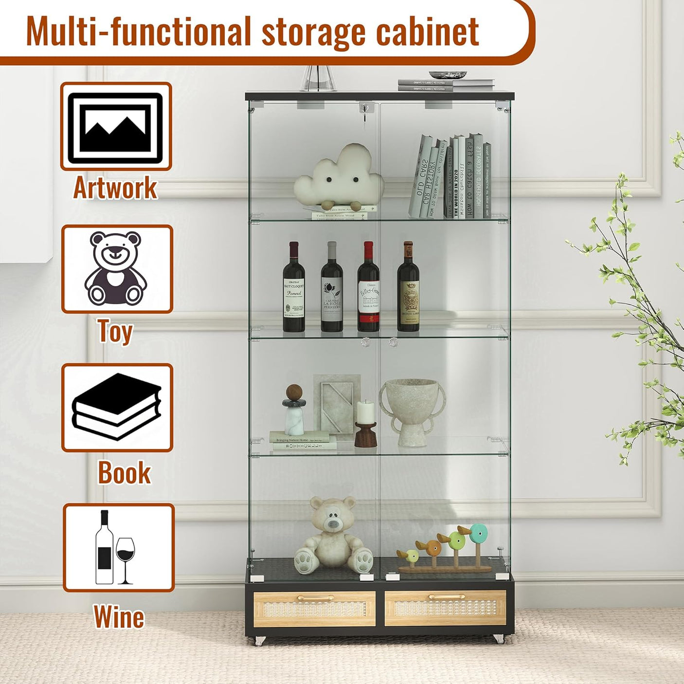 YECHEN Glass Display Cabinet with LED Lights | Double-Door Curio Cabinet with 2 Drawers