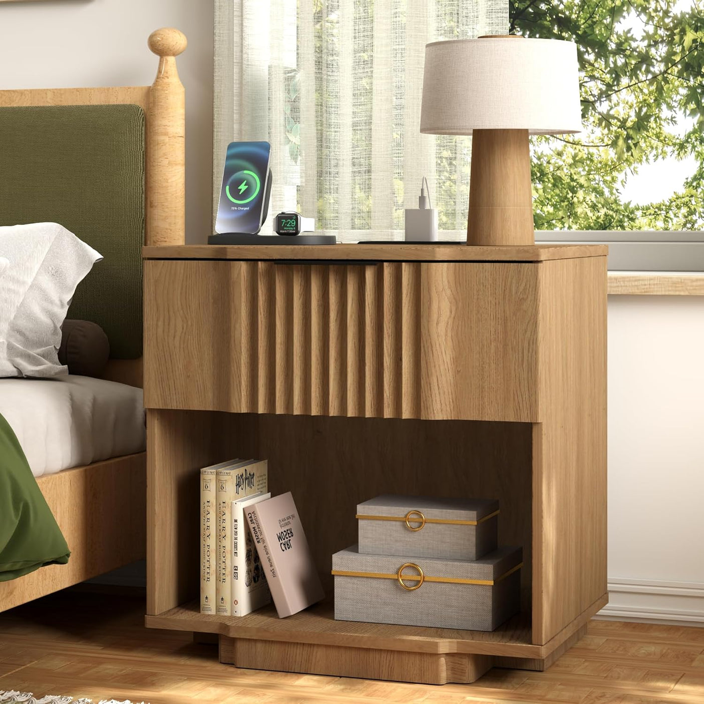 Fluted Night Stand with 20W Fast Charging Station
