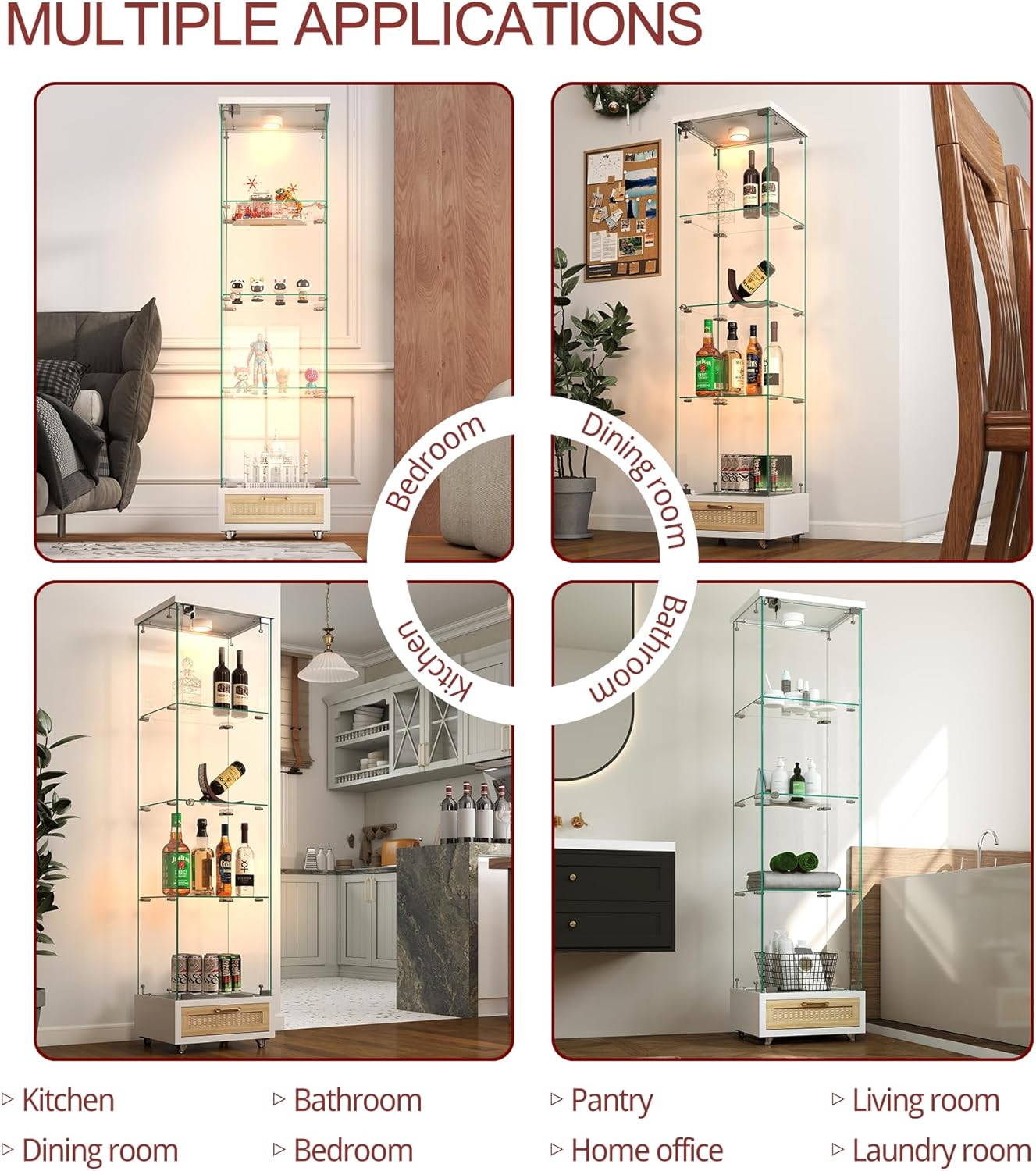 YECHEN Glass Display Cabinet with LED Lights | 4-Shelf Curio Cabinet with Drawer & Locking Door