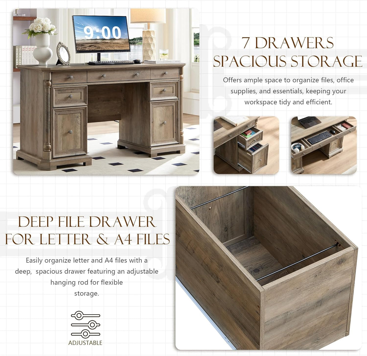 55'' Wood Executive Desk with 7 Drawers