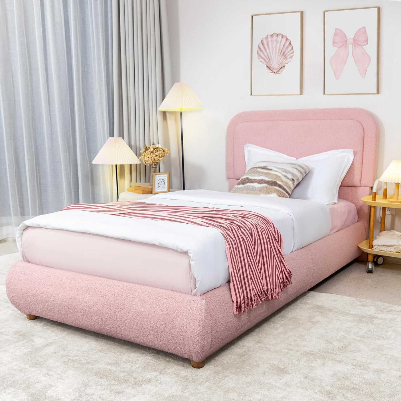 Boucle Fabric Cloud Bed Frame with Round Corner Headboard