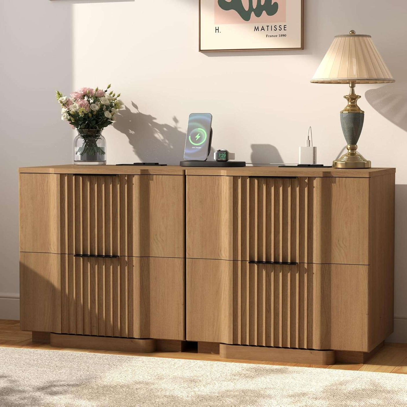Fluted Nightstand with Charging Station